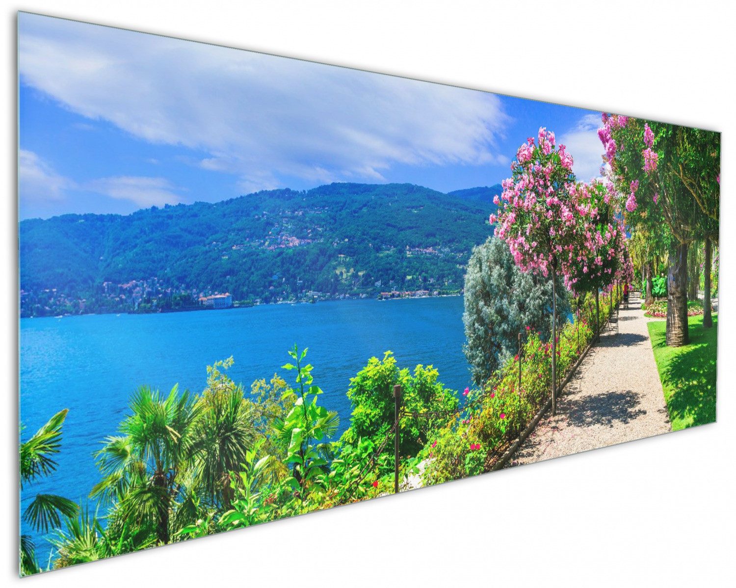 Wallario Küchenrückwand Blütenpromenade am Seeufer, (1-tlg)