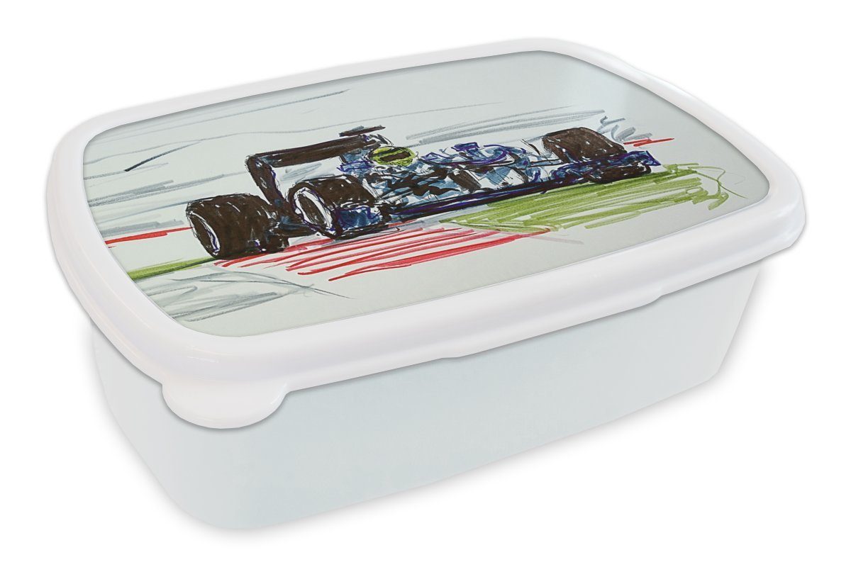 MuchoWow Lunchbox Eine Illustration eines Formel-1-Rennwagens, Kunststoff, (2-tlg), Brotbox für Kinder und Erwachsene, Brotdose, für Jungs und Mädchen weiß