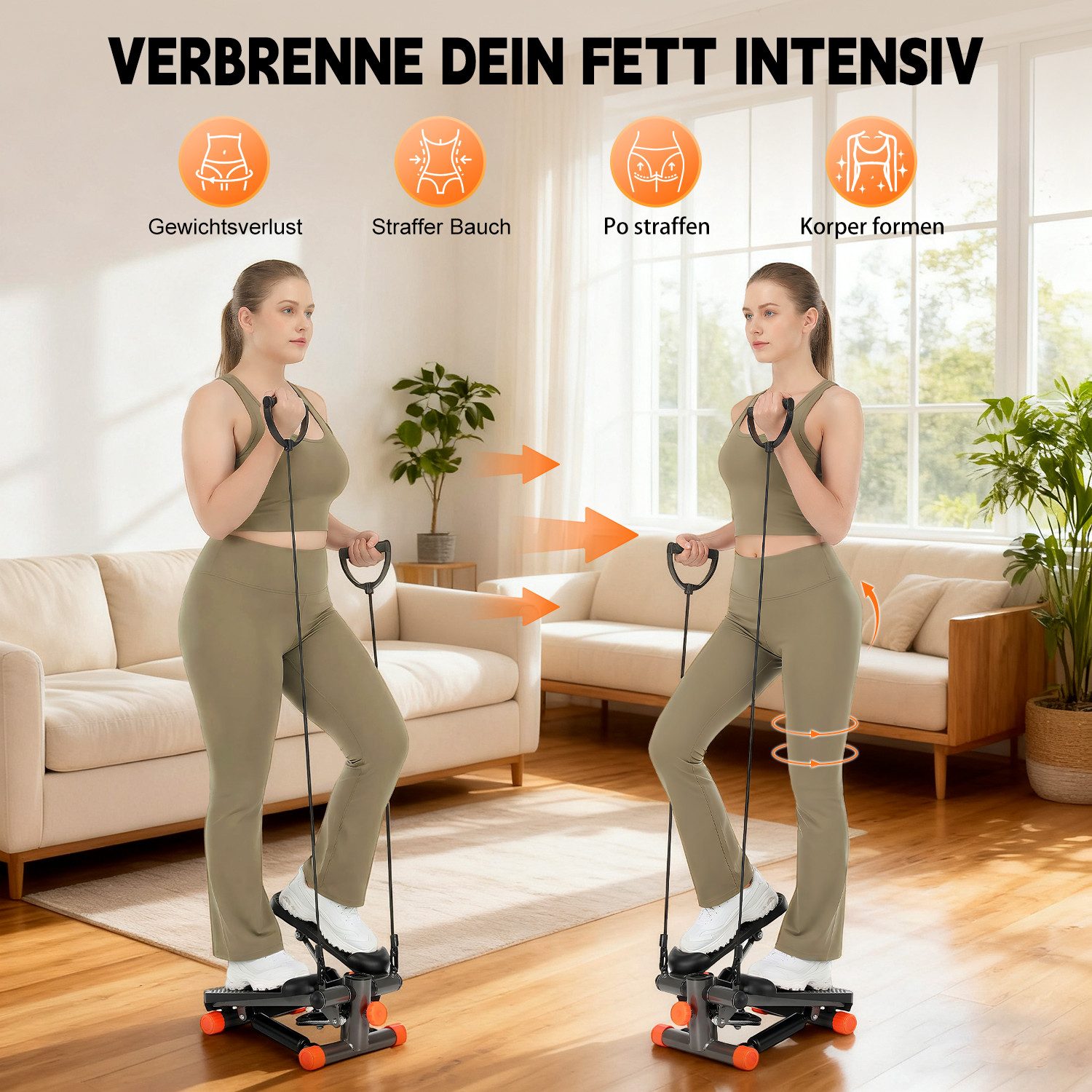 kehot Mini-Stepper Mini Stepper mit Widerstandsbändern, Kompaktgerät für Heimtraining (LCD-Display für Zeit, Kalorien, Frequenz, Schritte, Einfache Bedienung, Stabile Konstruktion bis 150 kg – Mit Rutschfester Trainingsmatte), Für Ganzkörpertraining, Fettverbrennung & Muskelstraffung zu Hause