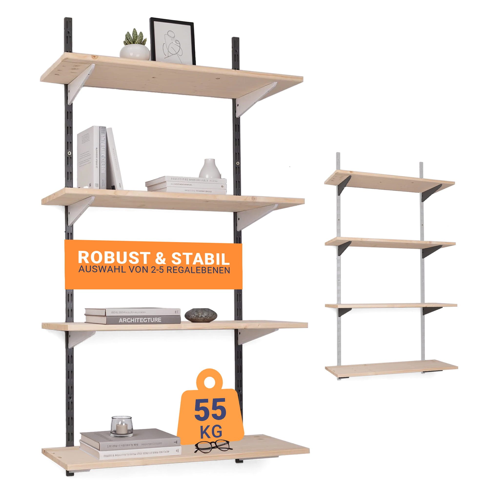 BOOMET Wandregal Regal Bausatz schwarz/weiß, 80 9-tlg., Wandboard Bücherregal Hängeregal Leimholz Holzboden