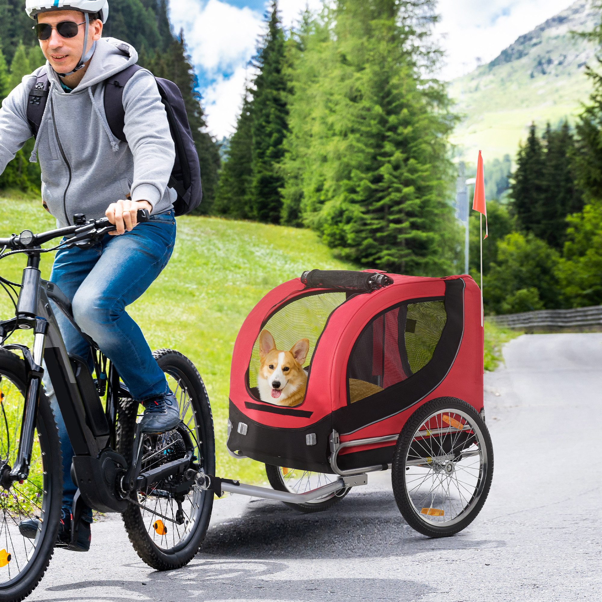 PawHut Fahrradhundeanhänger PawHut Haustieranhänger, mit Universalkupplung, Stahl, 130 x 73 x 90cm, für Garten, Balkon, Rot+Schwarz