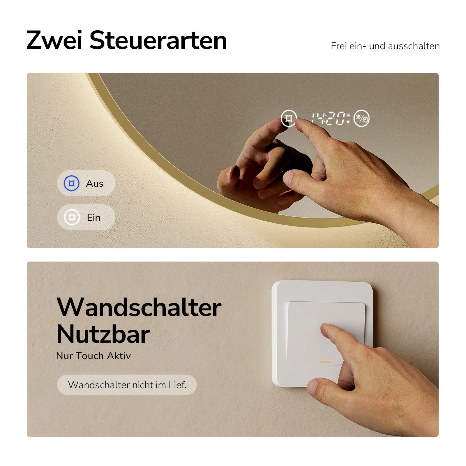 EMKE Badspiegel mit Beleuchtung und Antibeschlag, Uhr & Temperaturanzeige (Touchschalter), Rahmen in Schwarz, Gold gebürstet oder Dunkelgrün