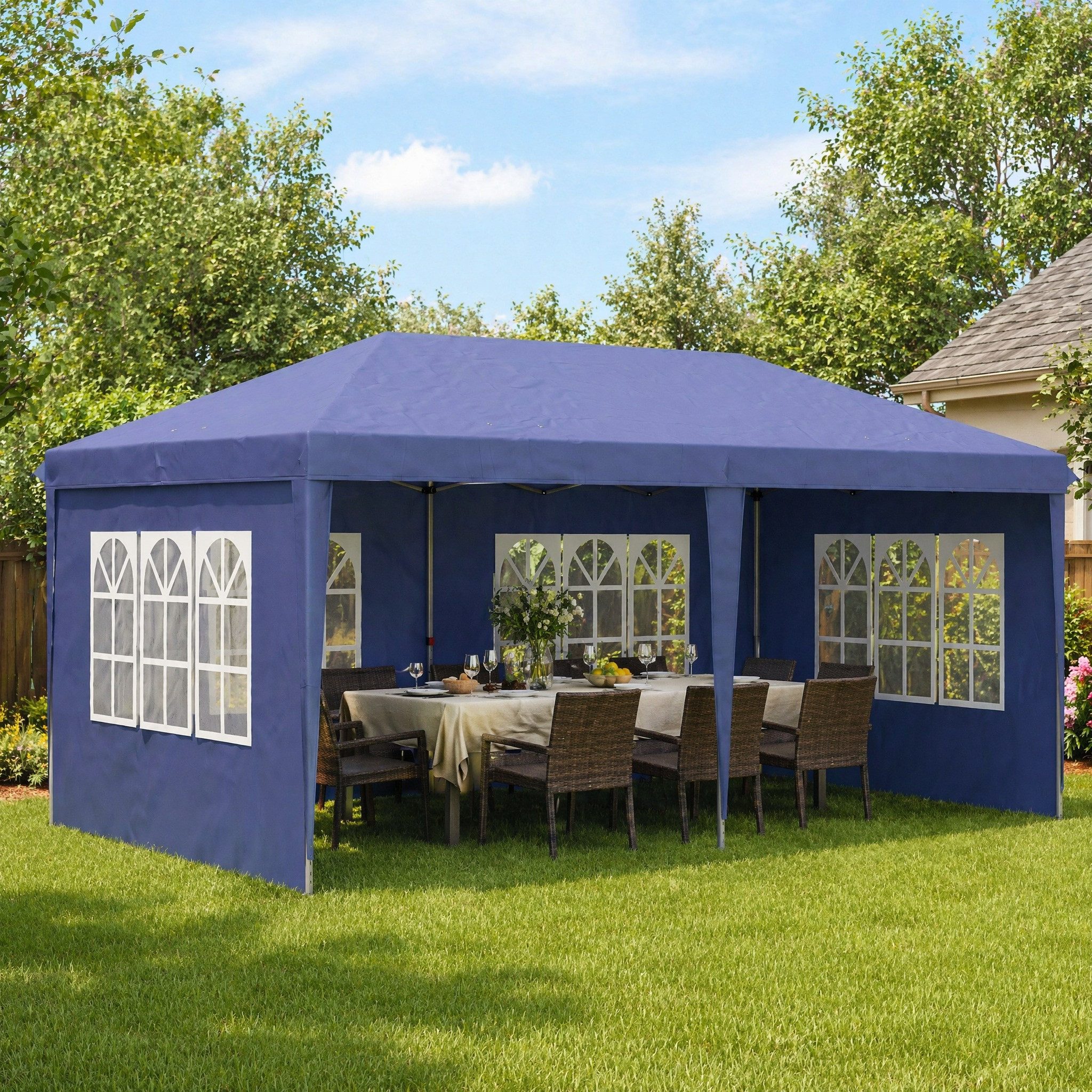 MODFU Pavillon 2,95 x 5,85 m Pop Up Blau Faltpavillon UV-Schutz für Outdoor-Nutzung, mit 4 Seitenteilen, (Oxford Gewebe Stahlrahmen), Partyzelt mit Seitenwänden, Fenstern und praktischen Reißverschlüssen