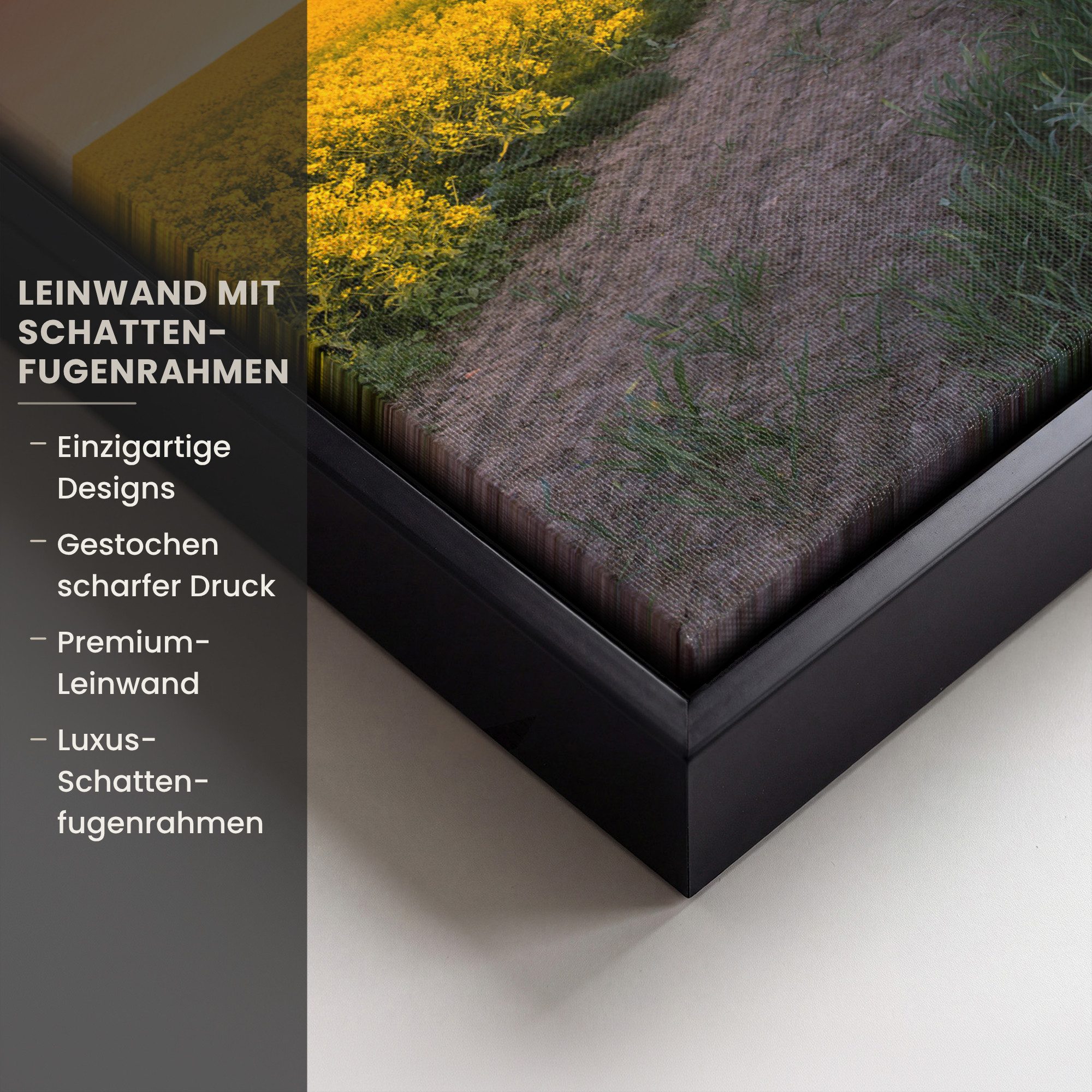 OneMillionCanvasses® Leinwandbild mit Rahmen - Blumen - Straße - Himmel - Gelb - Lila - Sonnenuntergang, Fotodruck (1 St), Deko für Wohnzimmer Schlafzimmer Küche 20x30cm