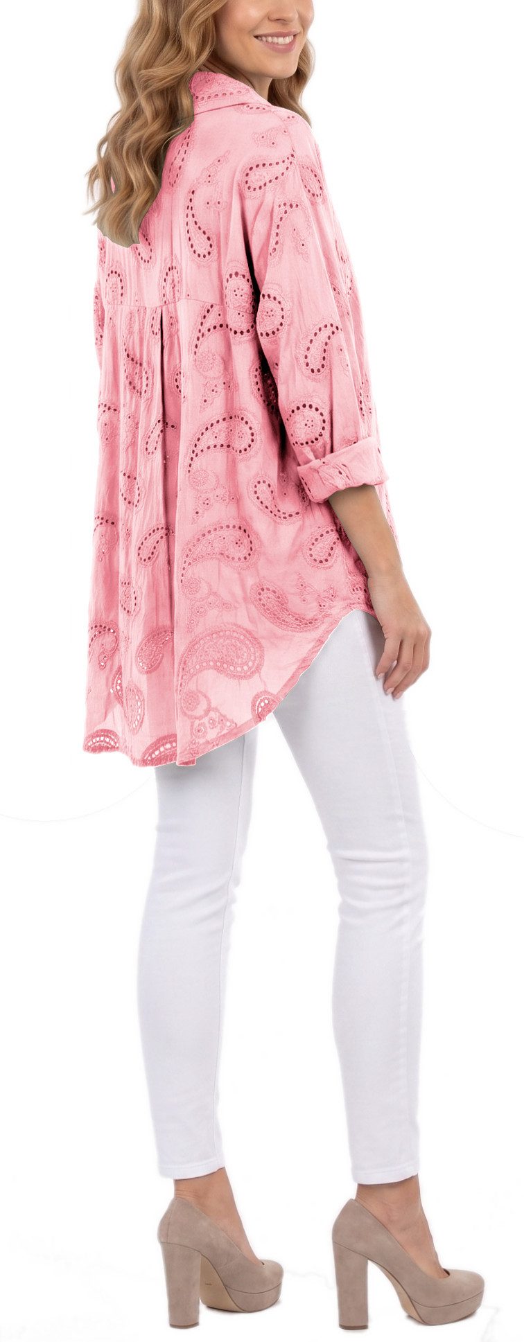 dy_mode Longbluse Damen Longbluse Oversize Tunika Boho Baumwollbluse Sommerbluse in Unifarbe, mit Paisley Lochstickerei, in Vokuhila-Schnitt
