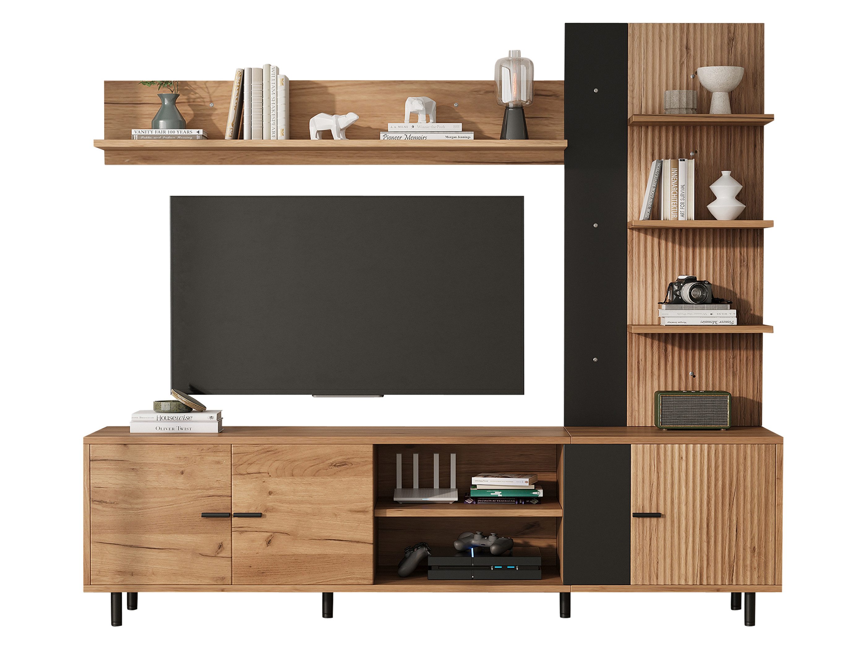 SeedWave Lowboard Wohnwand-Set, Wandregal & Fernsehschrank mit Zusätzlichen Regalen, Fernsehschrank mit 3 Türen, offenen- & geschlossenen Fächern