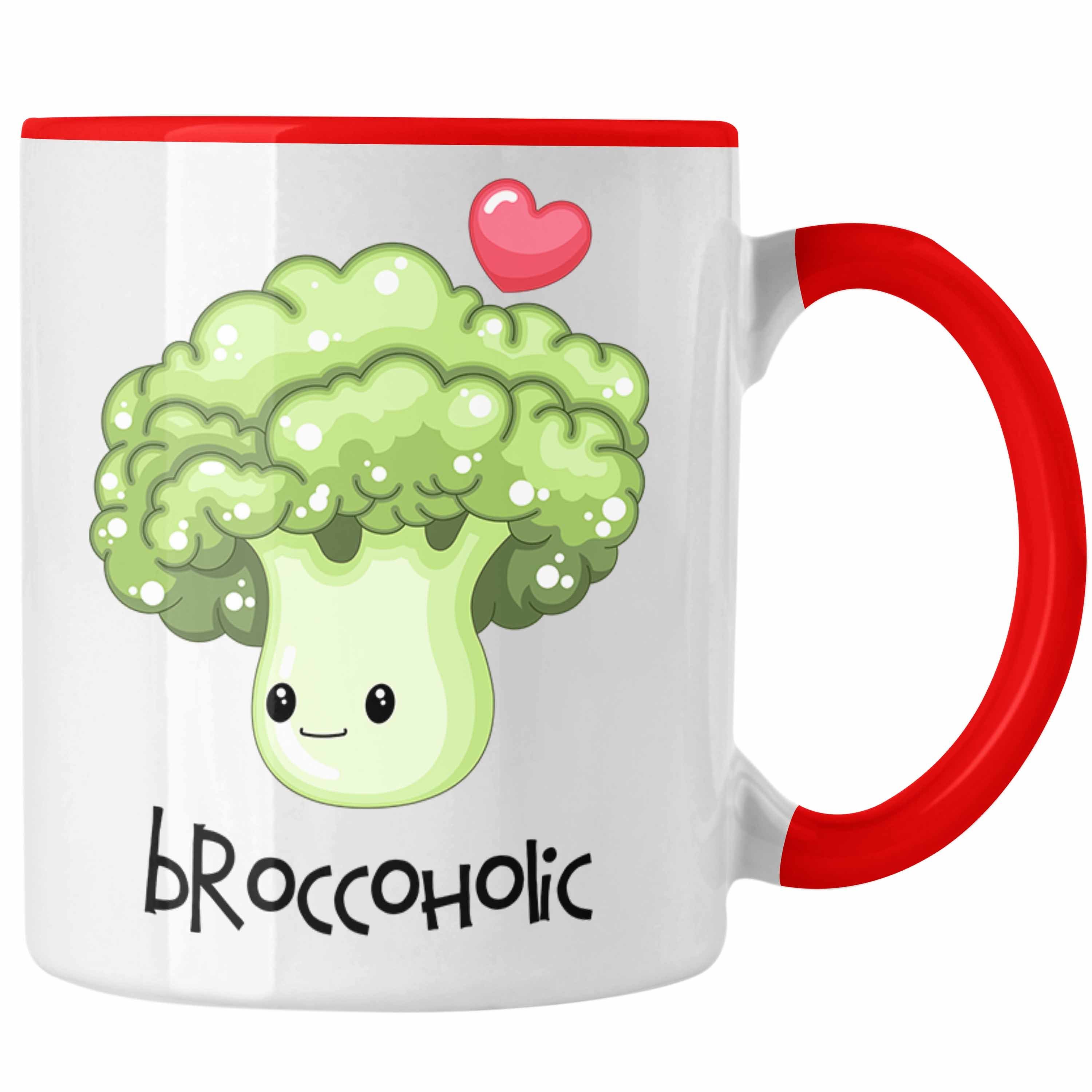 Trendation Tasse Lustige Broccoli-Tasse "Broccoholic" Witziges Geschenk für Gemüseliebh Rot