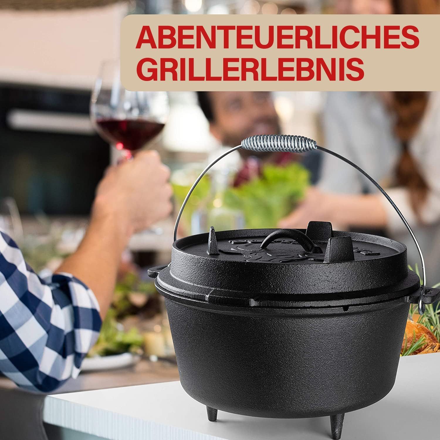 LAVUR Grilltopf BUFFALO BBQ Dutch Oven 7,5 L eingebrannt, Gusseisen-Feuertopf, Kochen, Braten & Grillen beim Camping inkl. Deckelheber & Tasche – Bild 2 von 5