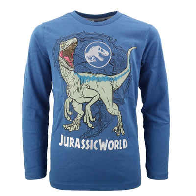 Jurassic World Langarmshirt Jurassic World Velociraptor oder T-Rex Jungen Kinder Shirt Gr. 104 bis 128, 100% Baumwolle, Blau oder Beige