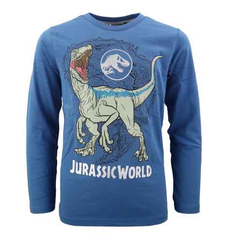 Jurassic World Langarmshirt Jurassic World Velociraptor oder T-Rex Jungen Kinder Shirt Gr. 104 bis 128, 100% Baumwolle, Blau oder Beige