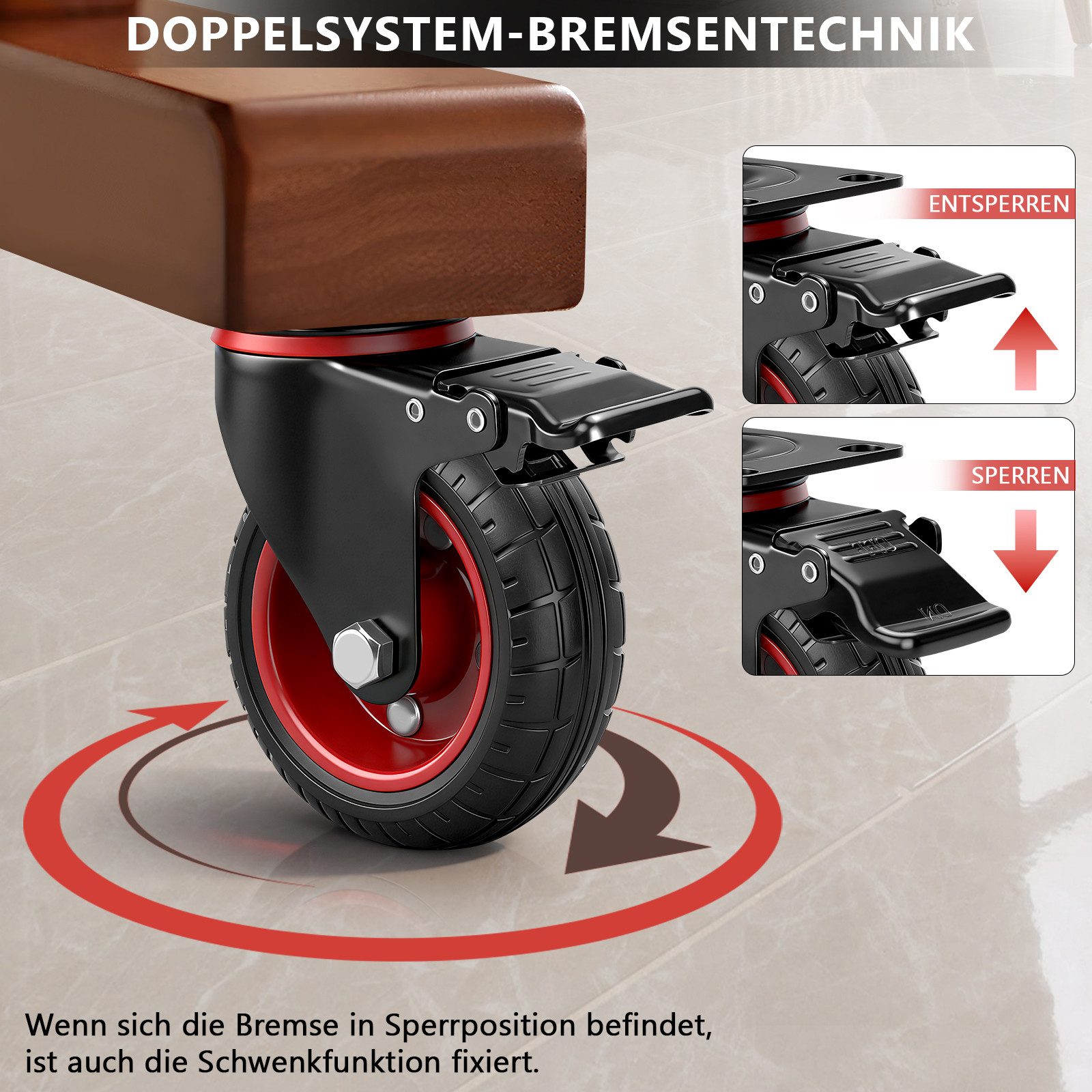 XERSEK Möbelrolle 4er/100mm Vollgummi-Schwerlastrollen, Lenkrollen Tragkraft bis 600kg, (Möbelrollen [2 mit Bremse + 2 Lenkrollen] WerkstattRollen 360° Drehbar), Universal für Innen Außen geräuscharm langlebig inkl. Montageschrauben