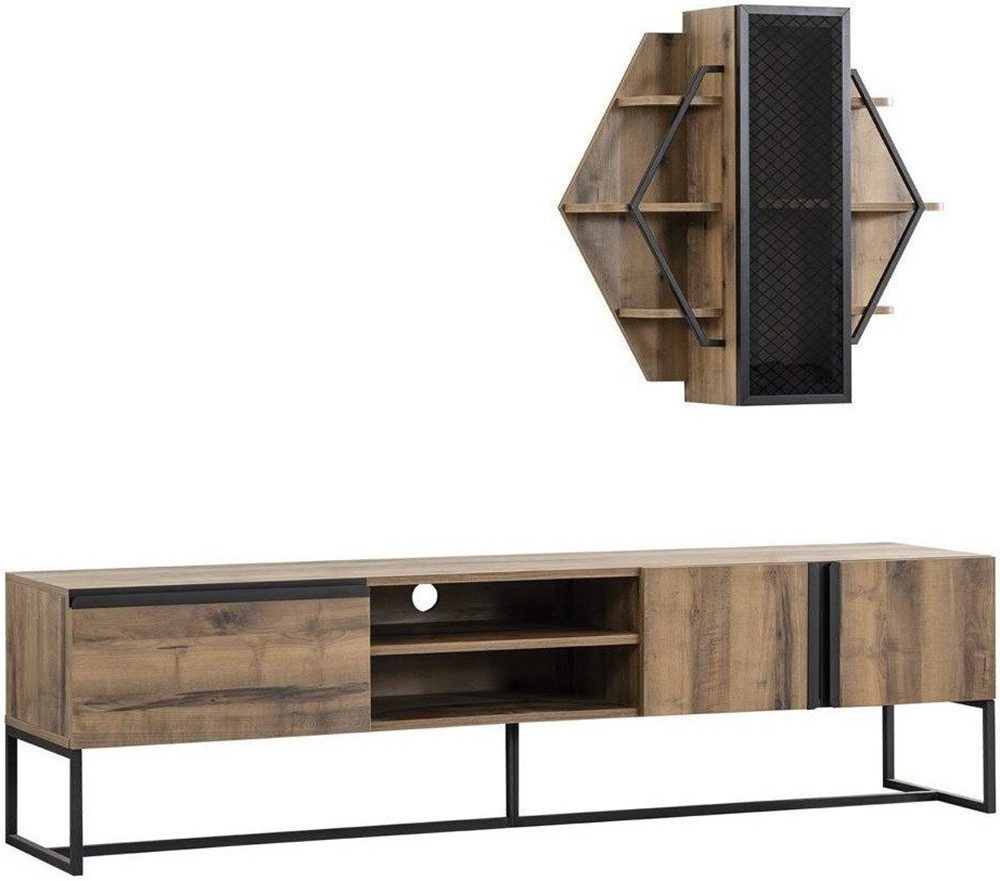 Wohnzimmer-Set TV-Ständer Schrank in Braunholz für das Wohnzimmer mit Regalen