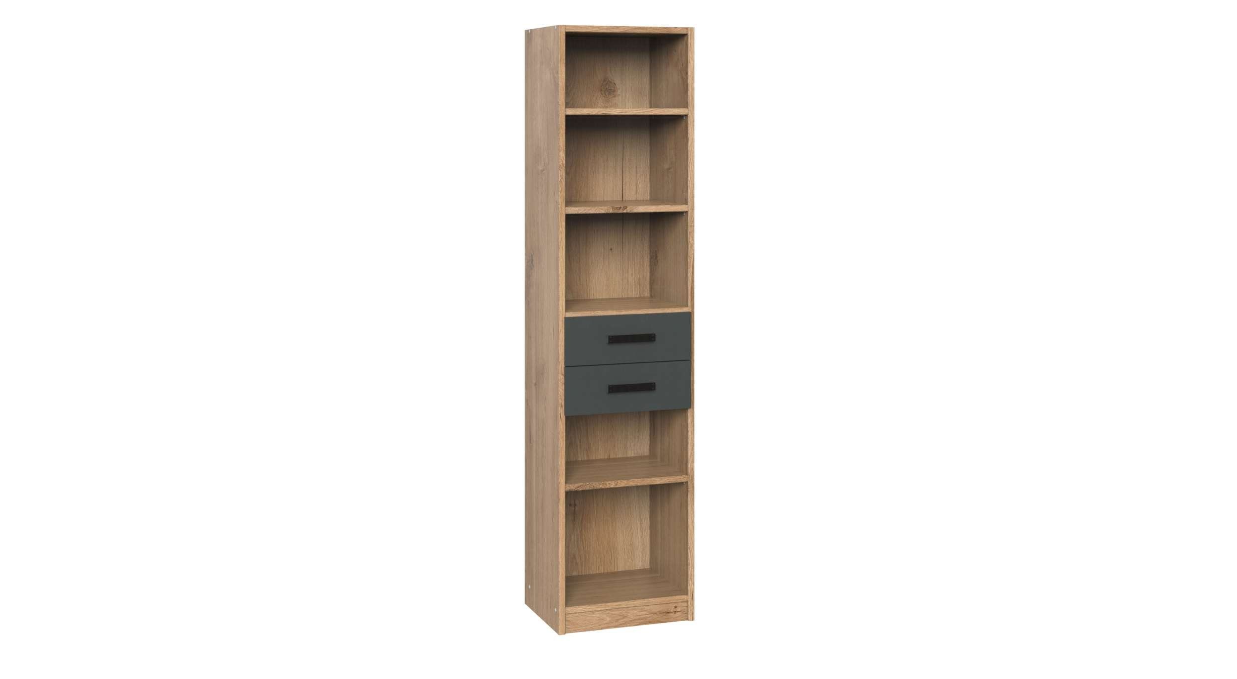 Stylefy Kinderregal Luca Plankeneiche Optik Graphit, Standregal, Bücherregal, viel Stauraum, mit 2 Schubladen und 3 Einlegeböden, aus Holzwerkstoff, Modern Design, variabel stellbar, für Kinder