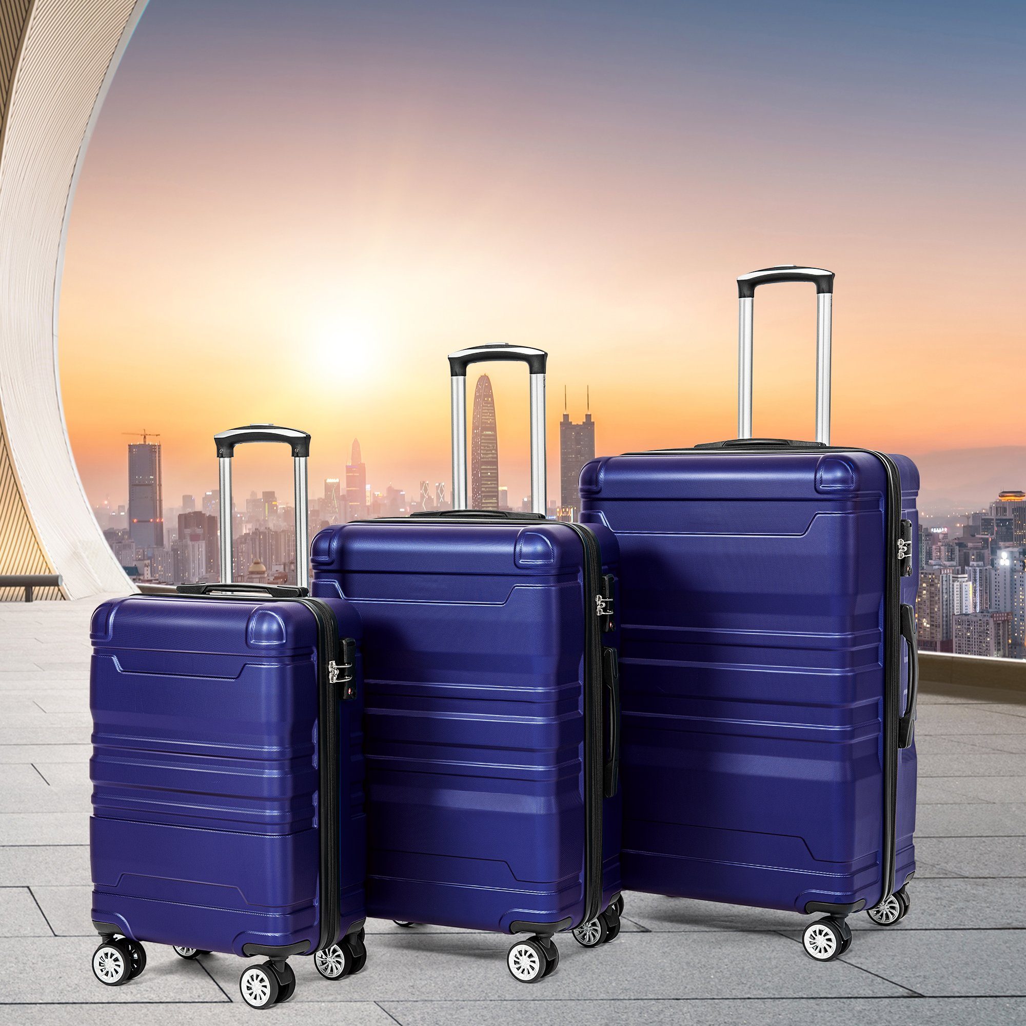 Flieks Trolley, 4 Rollen, 3er Set Hartschalen TSA-Schloss Schwenkrolle M+L+XL Blau