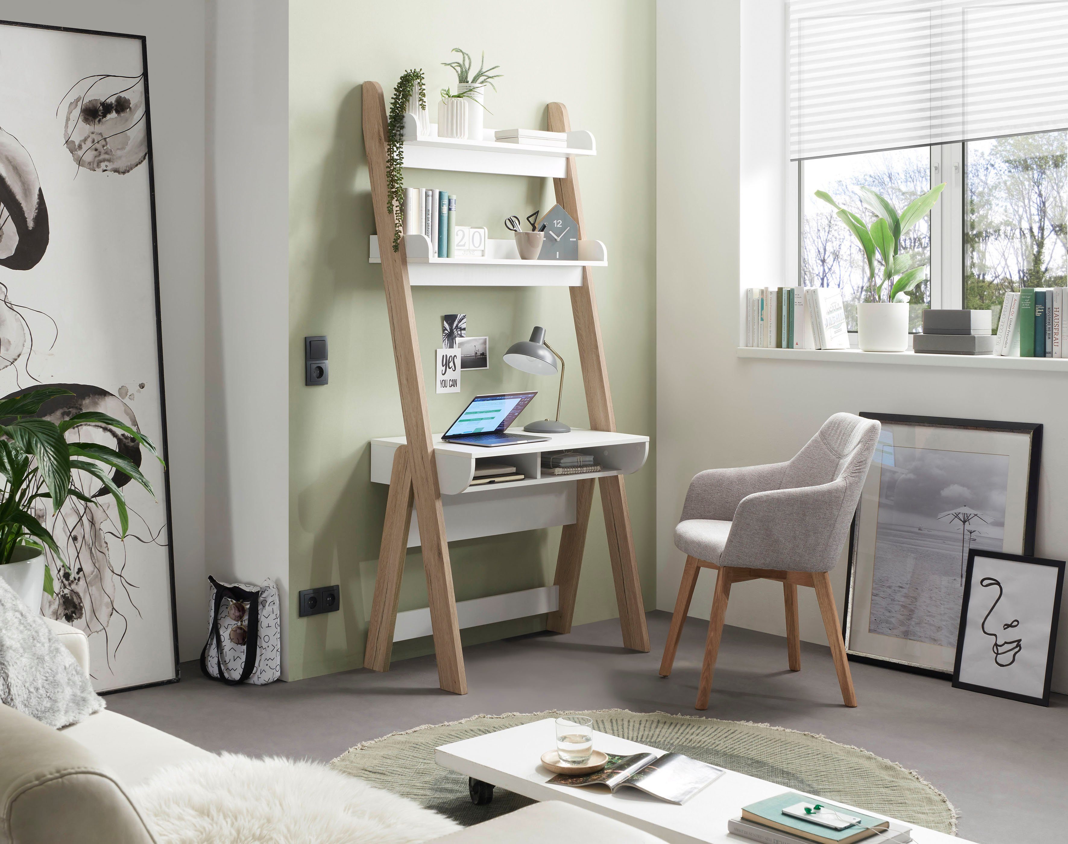 MCA furniture Schreibtisch Viterbo, Standregal mit Schreibtisch weiß matt, Eiche hell Dekor, Breite 85 cm