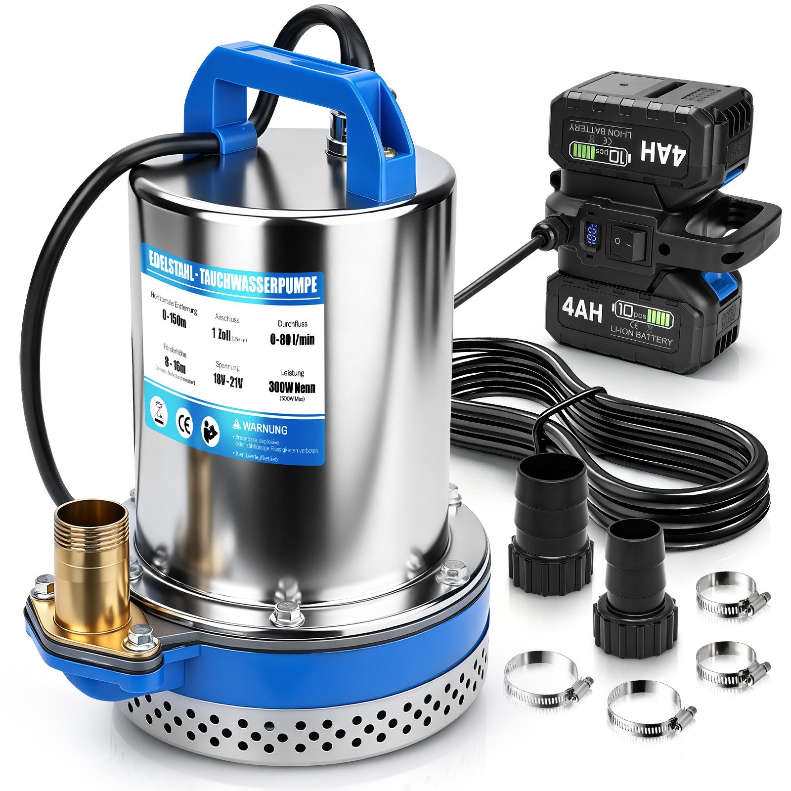XERSEK Tauchpumpe 360° Akku Klarwasserpumpe mit 2×4Ah Wasserpumpe Schmutzwasserpumpe (Förderhöhe 16m, Doppel-Akku-Konstruktion, Edelstahl, 4800L/H), für Regenfässer, Teiche, Keller- und Schwimmbeckenentwässerung