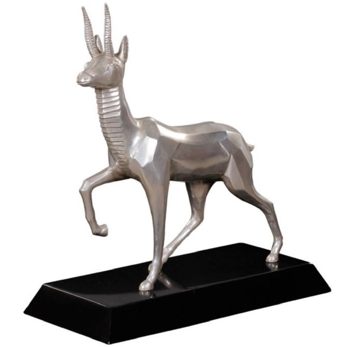 Casa Padrino Dekofigur Luxus Bronzefigur Antilope Silber / Schwarz 35 x 17 x H. 37 cm - Dekofigur mit Holzsockel