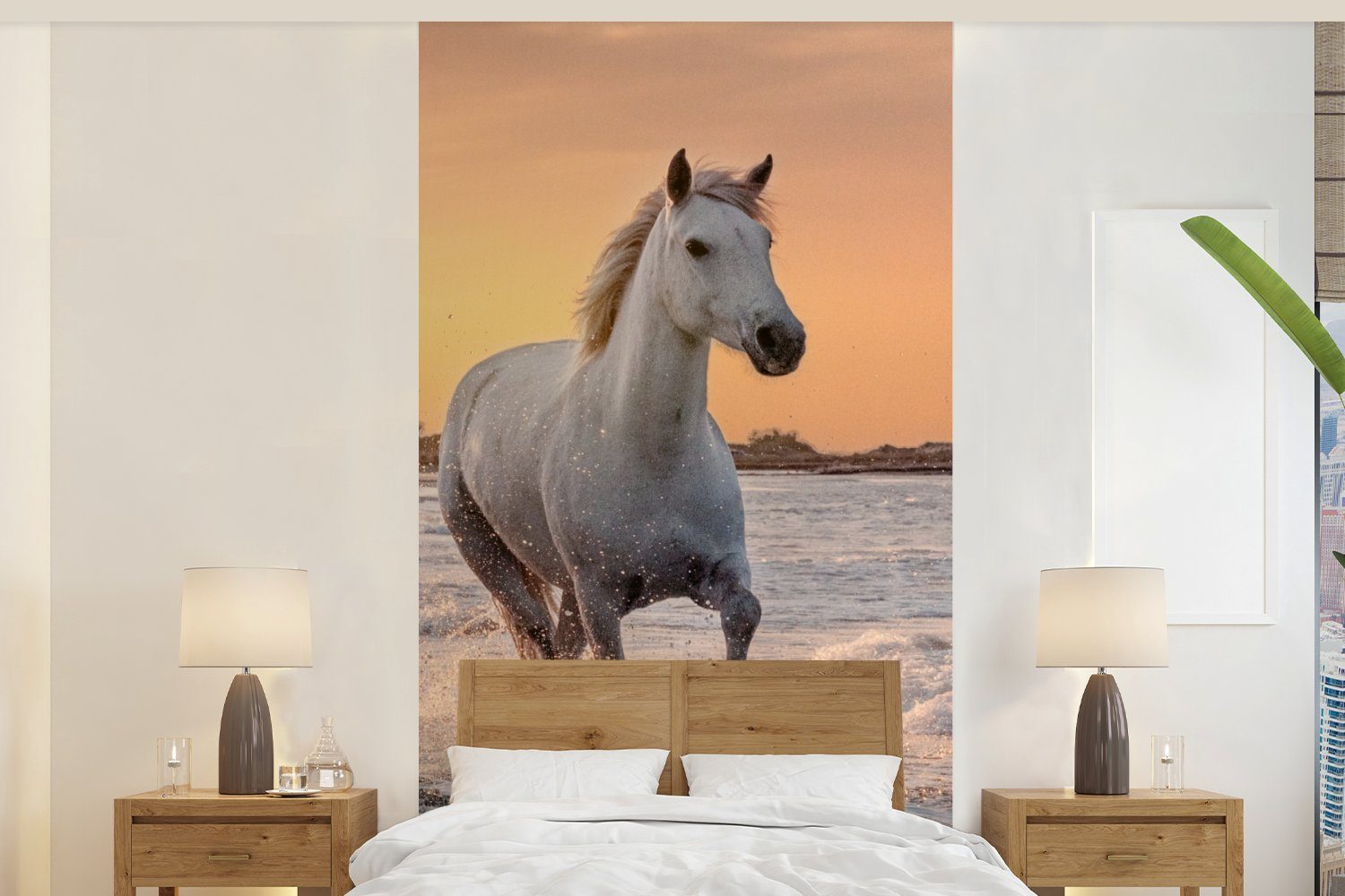 MuchoWow Fototapete Pferde - Sonne - Meer - Strand - Tiere, Matt, bedruckt, (2 St), Vliestapete für Wohnzimmer Schlafzimmer Küche, Fototapete
