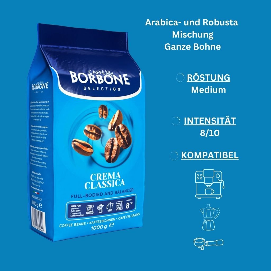 Caffè Borbone Kaffee Caffè Borbone Selection Kaffee Probierpaket 4x 1kg Ganze Kaffeebohnen, 4 x 1000 g, (Crema Superiore, Intenso Espresso, Arabica, Crema Classica, verschiedene Sorten Ganze Kaffeebohnen)