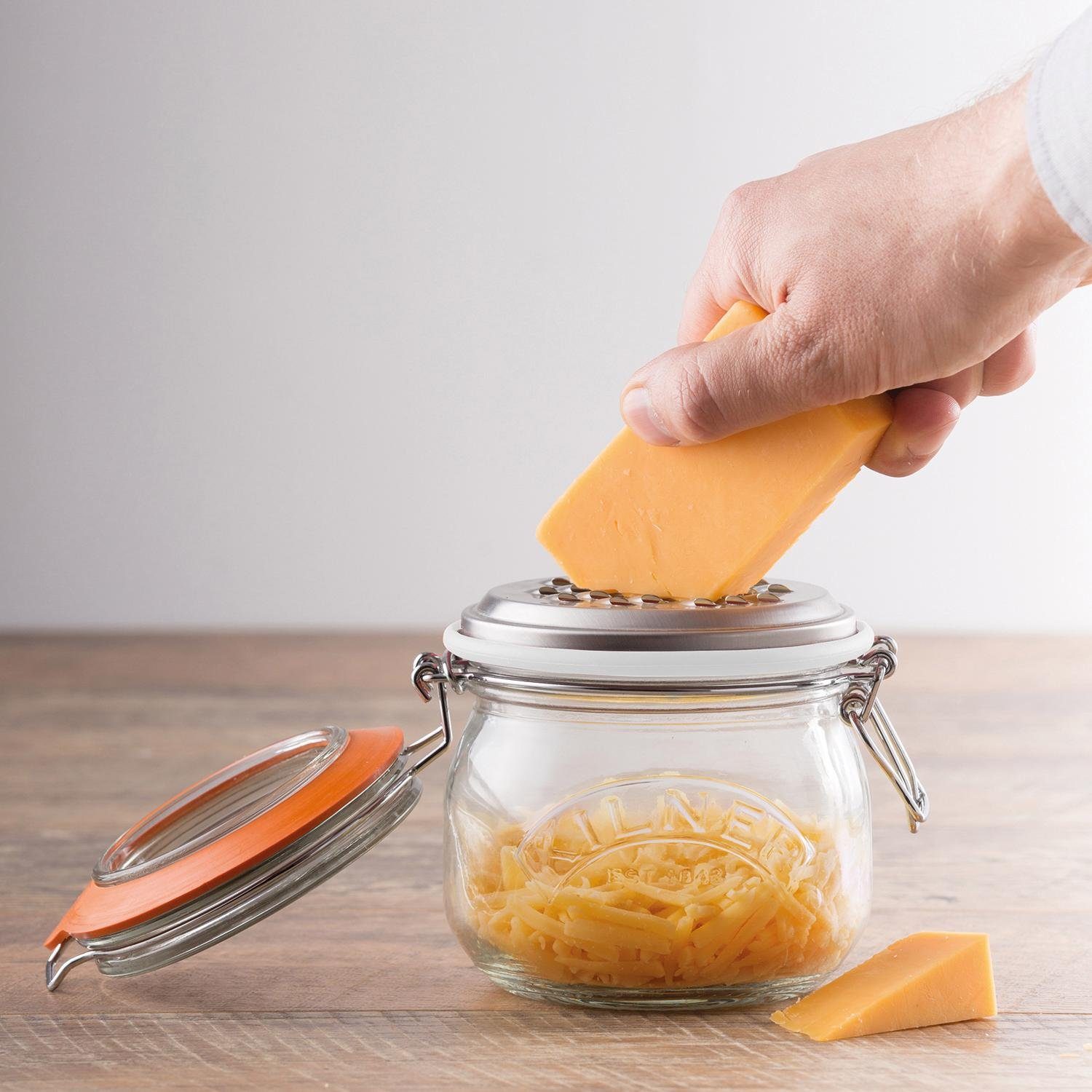 KILNER Käsereibe, Edelstahl, Glas, (1 Ideal mit für 0,5 Käse, Inhalt Gummiring), Nüsse, und Aufsatz-Reibe Gemüse mit Deckel Glas Bügelverschluss, u. Liter, Schokolade