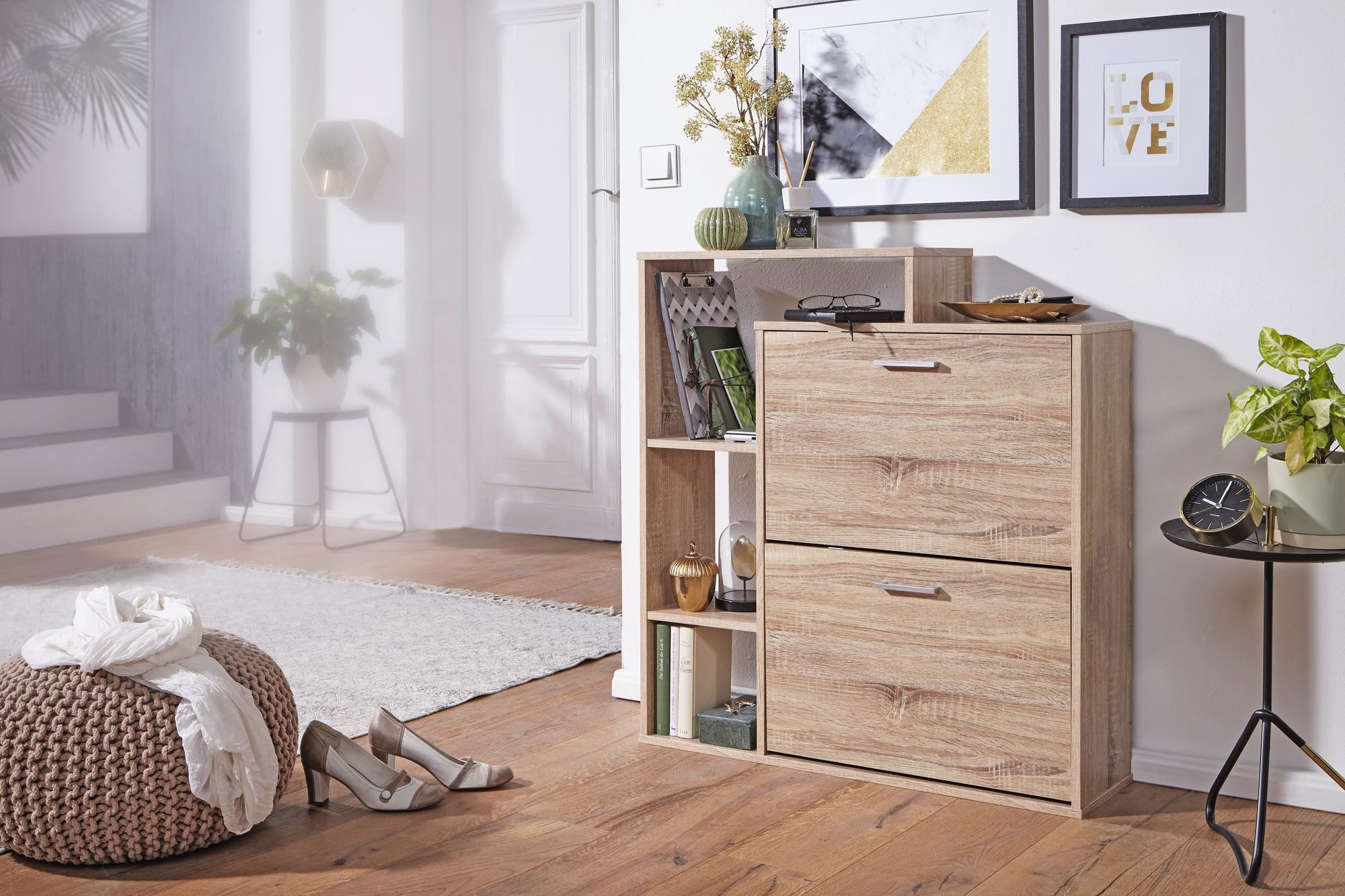Wohnling Schuhkipper WL1.793 MASSA Holz 2 Fächer Sonoma 12 Paar Schuhe Schuhschrank Sch (85x24x93 cm, Schuhschrank Sonoma Eiche Modern), Schuhregal mit Ablage, Flurschrank Schuhkommode