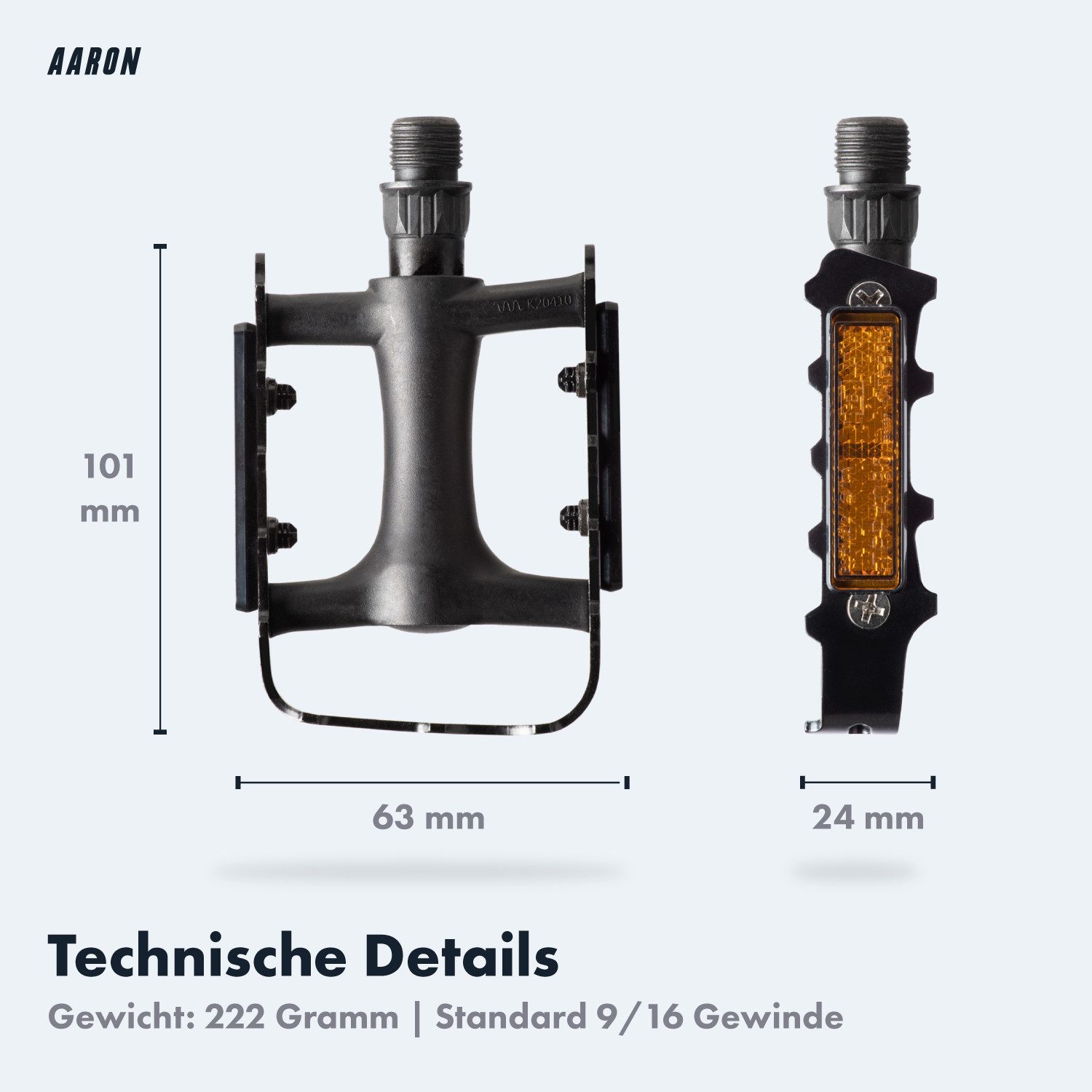 AARON Fahrradpedale Tour Pedale mit Reflektoren Aluminium Schwarz 9/16 Zoll Fahrrad