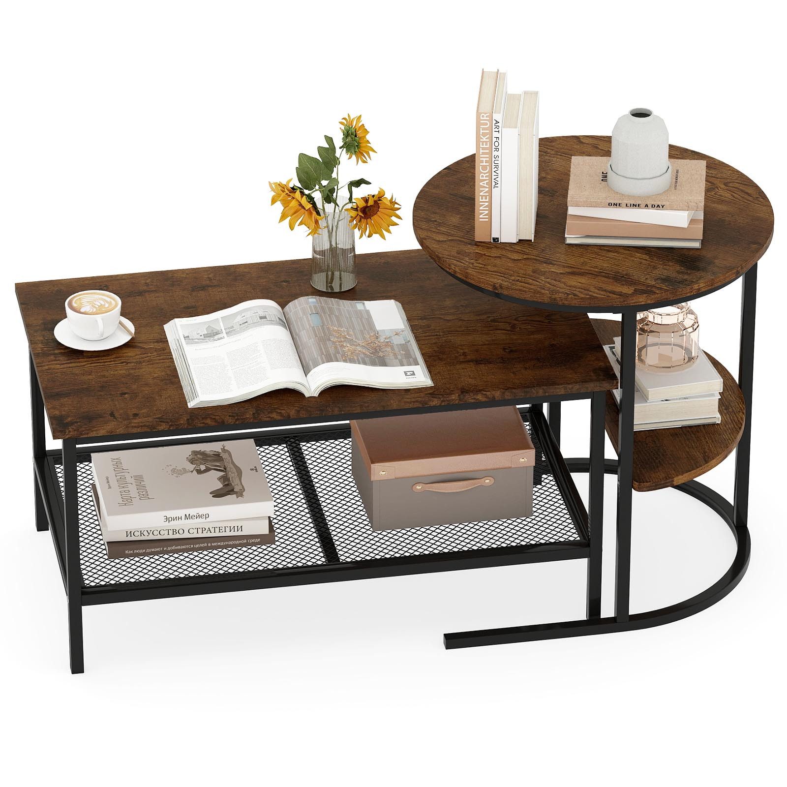 COSTWAY Couchtisch, 2er Set, Marmor, Beistelltisch mit Stauraum, Gold, Metall