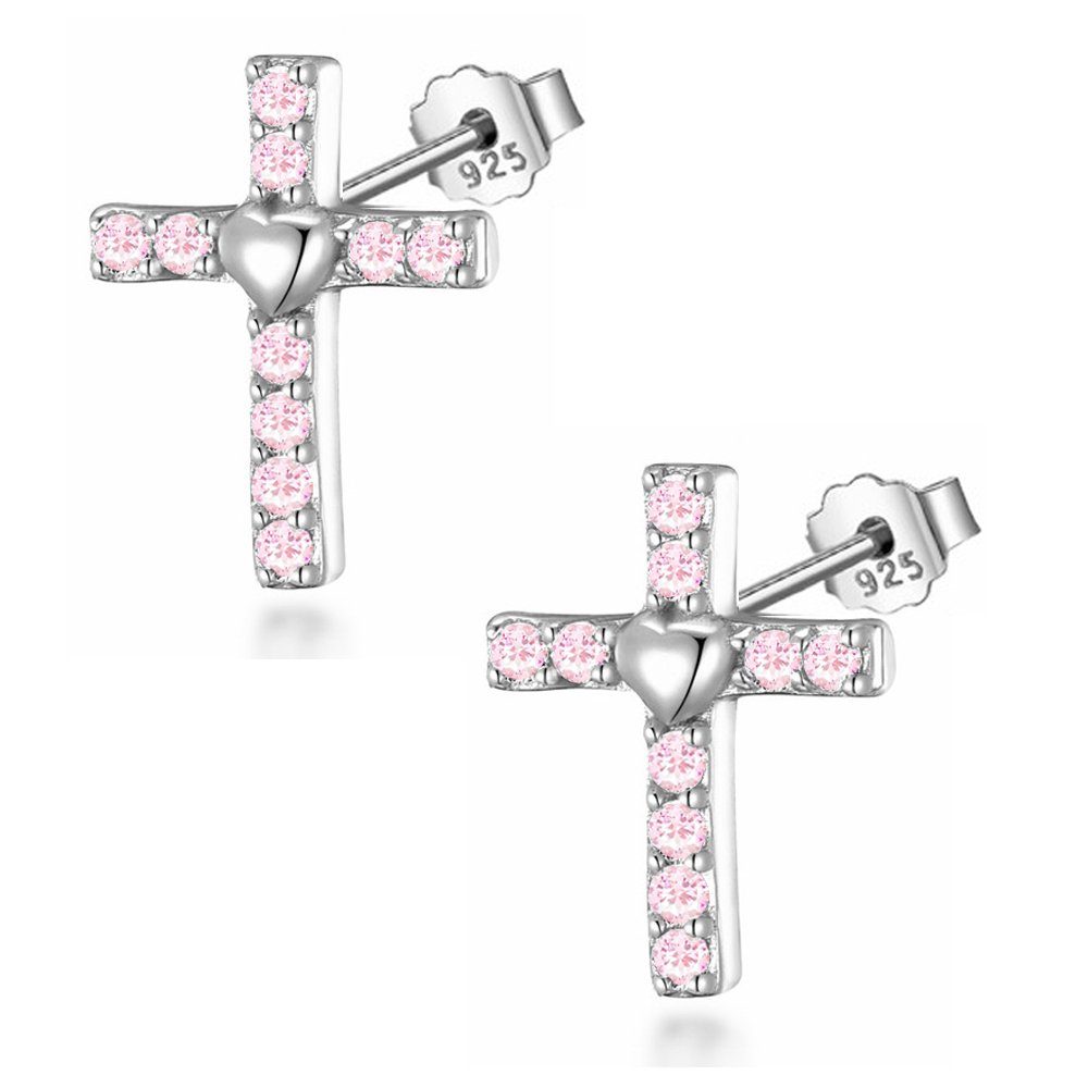 Limana Schmuckset Kinder Mädchen Set 925 Silber Engel Kreuz Halskette mit Ohrringe, Engelkette Kette mit Ohrstecker rosa Zirkonia Kinderschmuck
