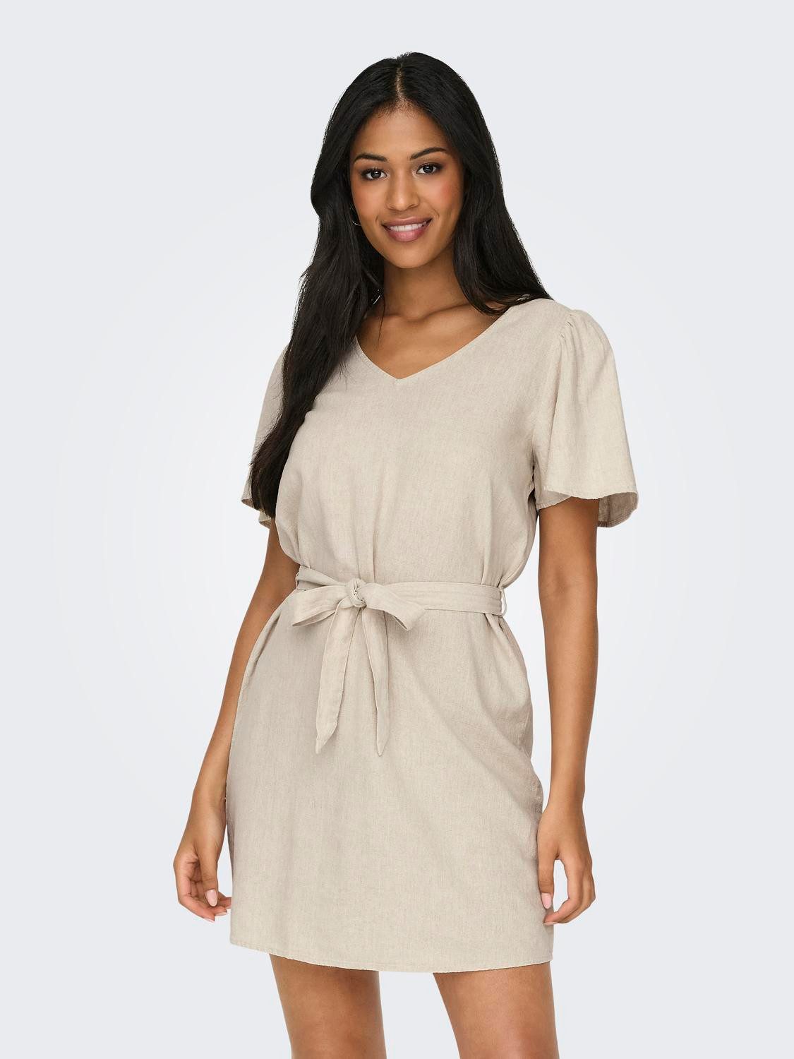 JACQUELINE de YONG Shirtkleid kurzes oberschenkellang Kurzarm V-Ausschnitt (mini) JDYSAY S/S LINEN BELL DRESS WVN NOOS