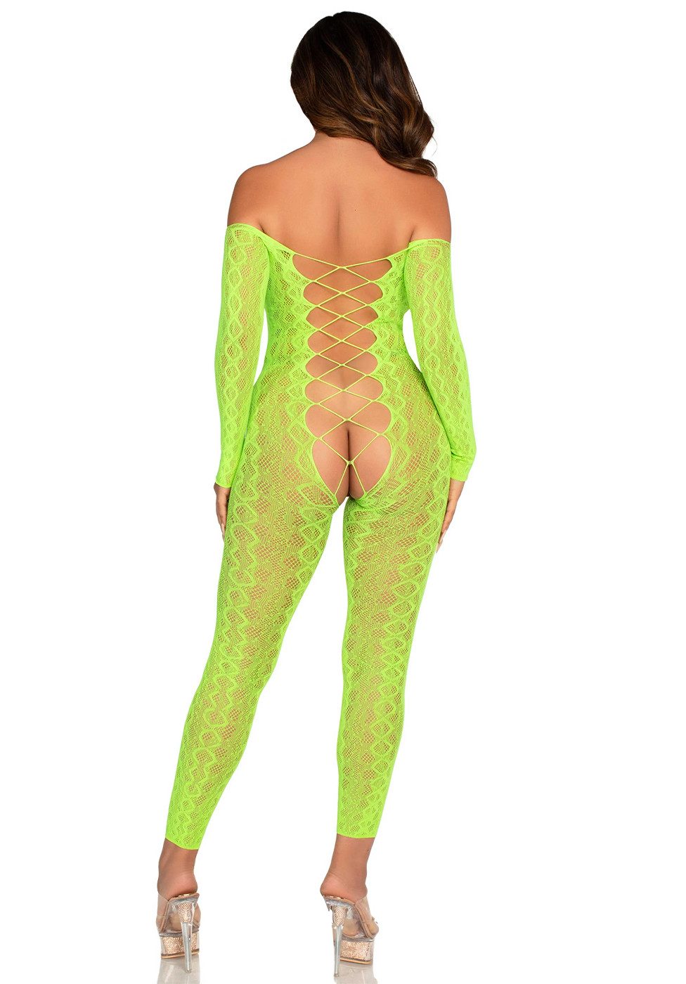 Leg Avenue Bodystocking Schulterfreier Bodystocking mit tiefem Ausschnitt - neongrün (1 St) auffälliges Schlangendesign