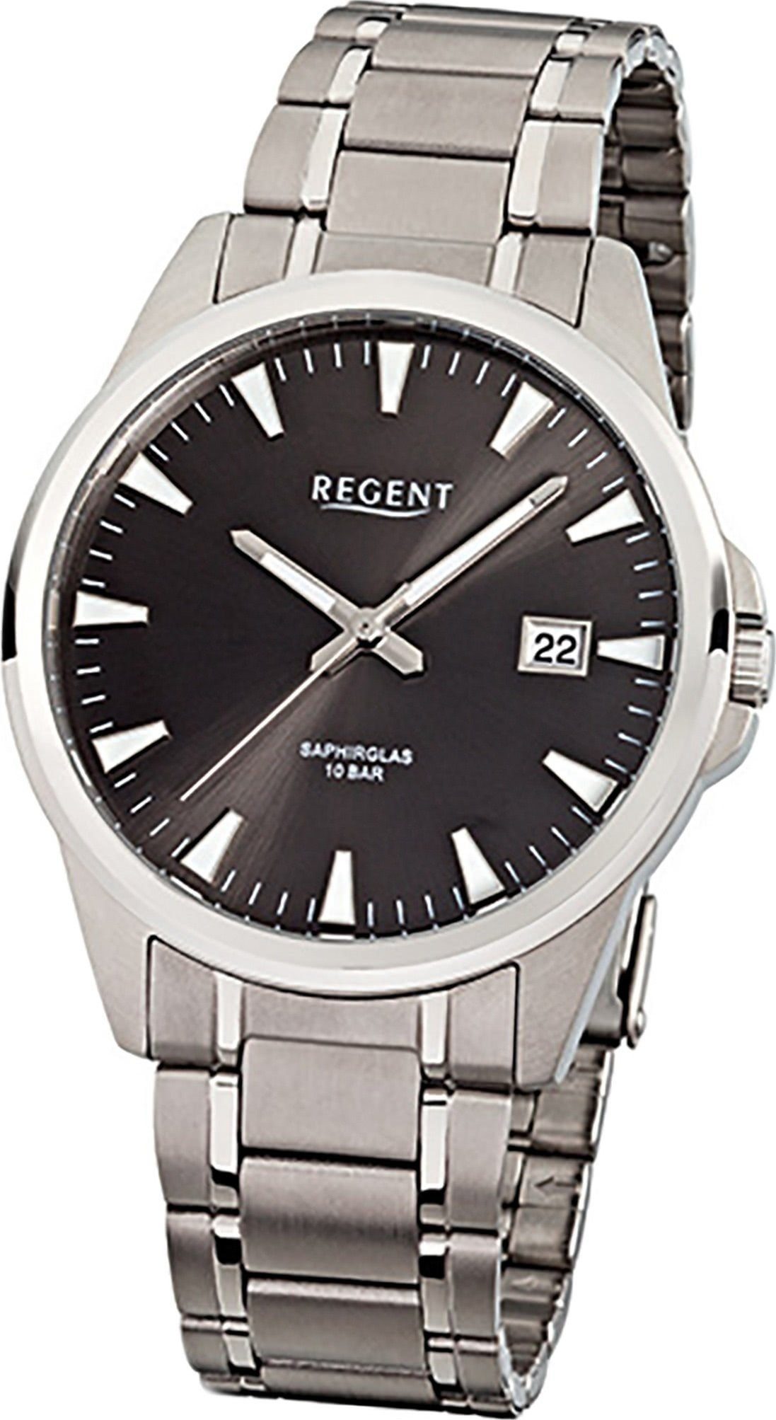 Armbanduhr rund, (ca. groß Regent 40mm), Quarzuhr Herren Analog, Titanarmband Herren-Armbanduhr Regent silber