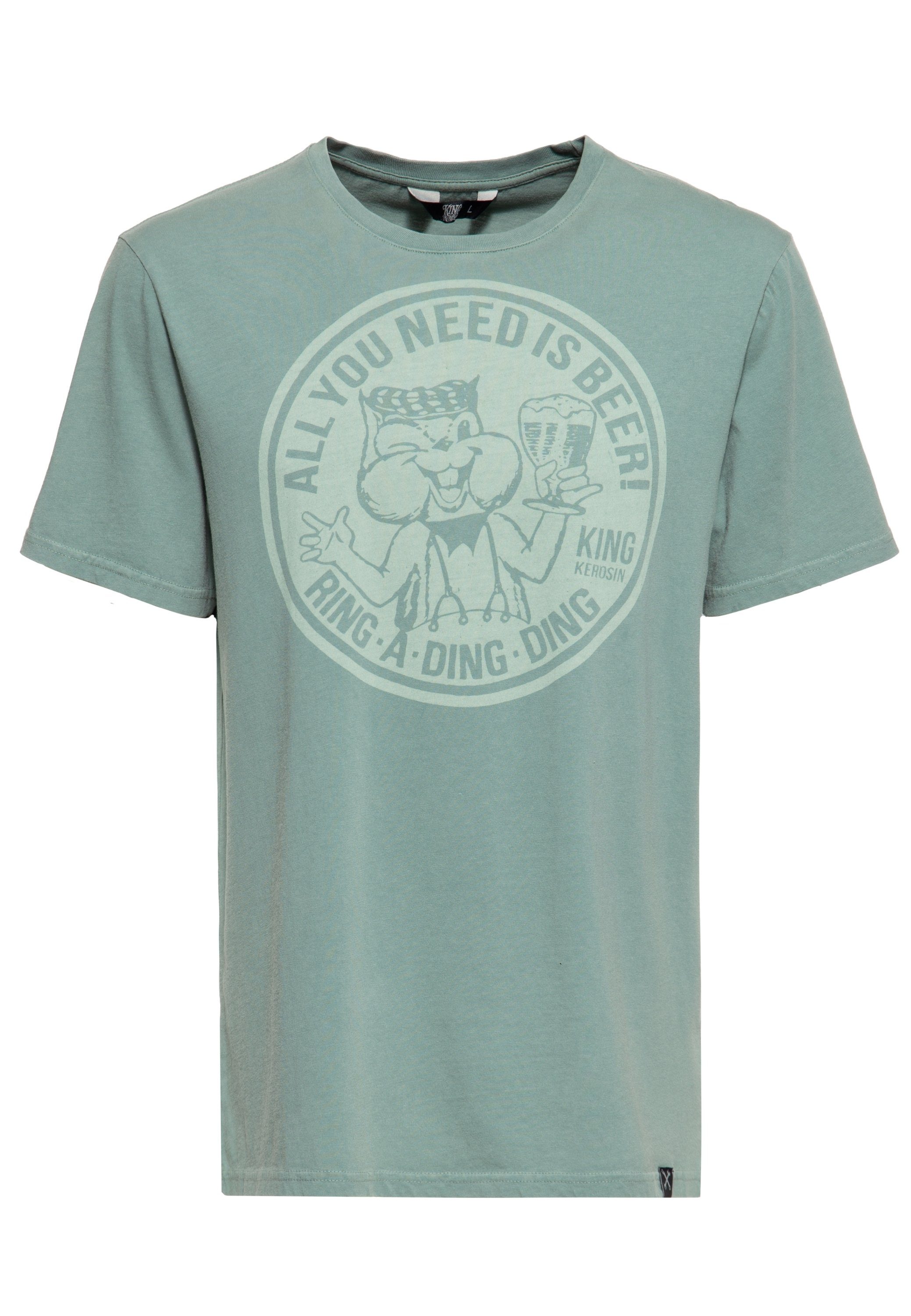 KingKerosin Print-Shirt (1-tlg) Front Print im Retro Stil graugrün
