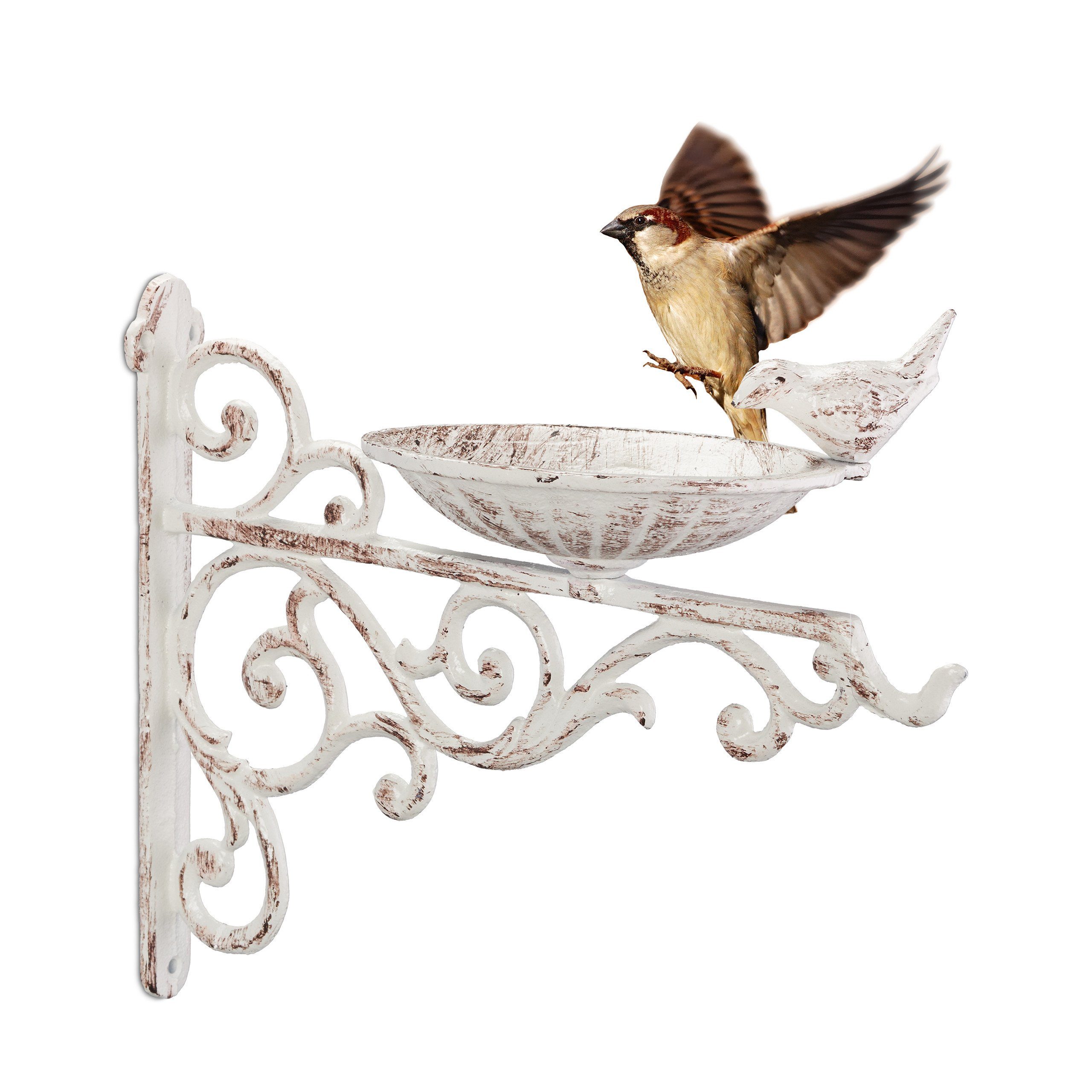 relaxdays Vogeltränke Gusseisen Wand 0.38 l, weiß