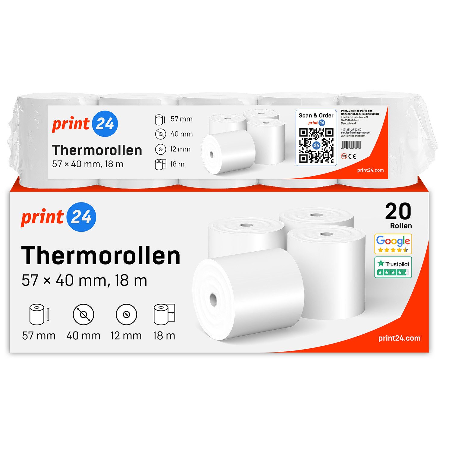 print24 Endlospapier Thermorollen, 57 x 40 x 12mm, 18m, PEFC, Für EPSON, IBM, u.v.m., PEFC-Zertifikat (GFA-PEFC-COC-500582)