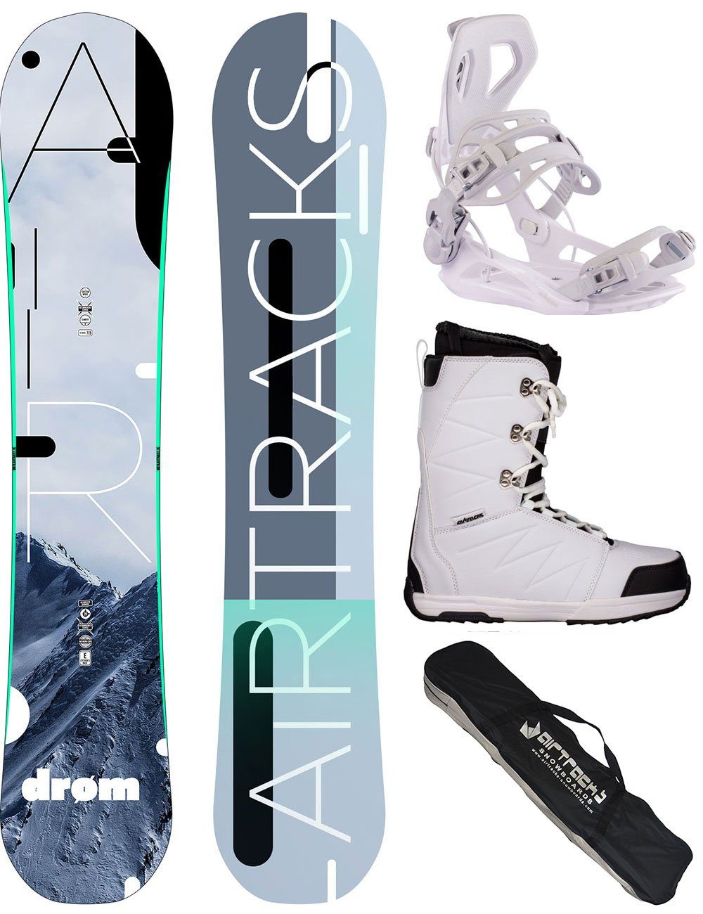 Airtracks Snowboard Damen Snowboard Komplett Set Drom Rocker »Mod. 22/23 (4er Pack, 4 St), Hybrid Rocker + Bindung Master W + Boots + Bag / 140 145 150 155 cm