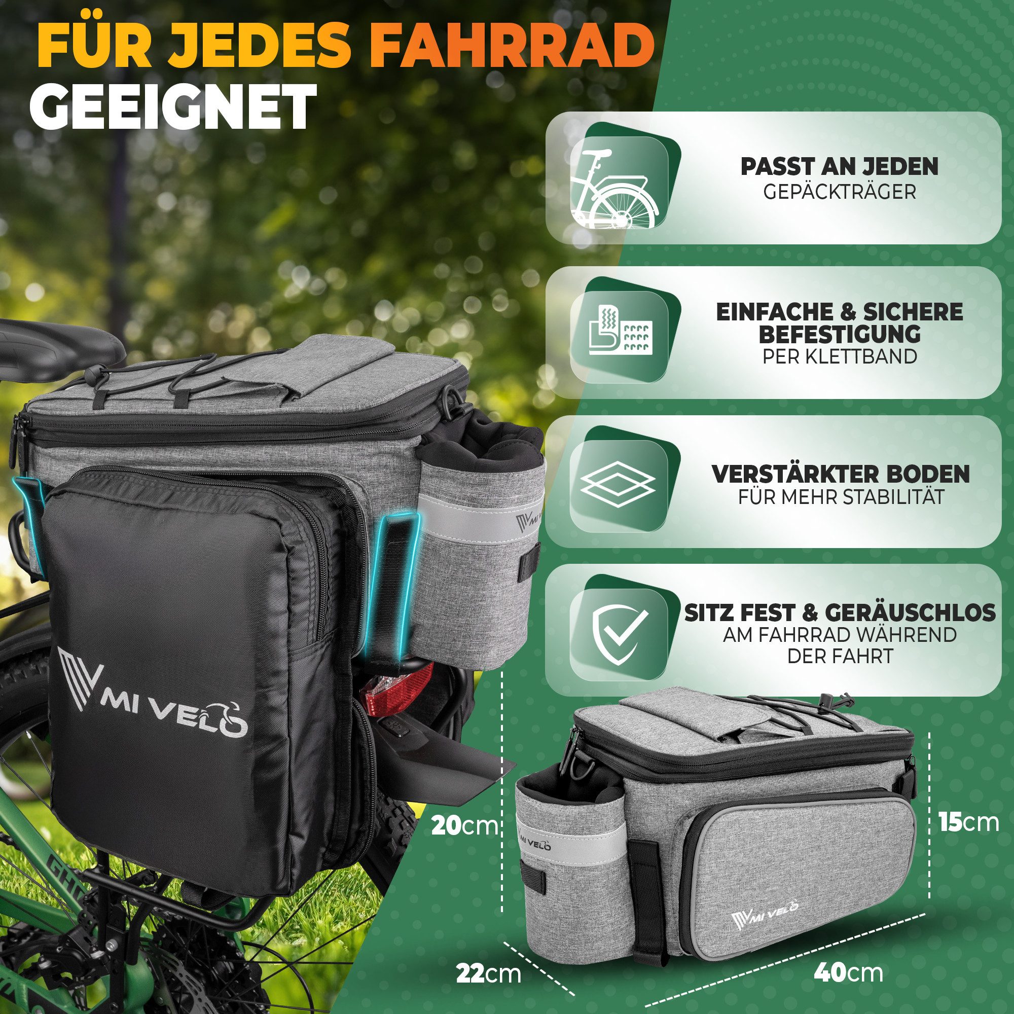MIVELO Fahrradtasche Gepäckträgertasche für Fahrrad Gepäckträger erweiterbar bis 20L, wasserabweisend