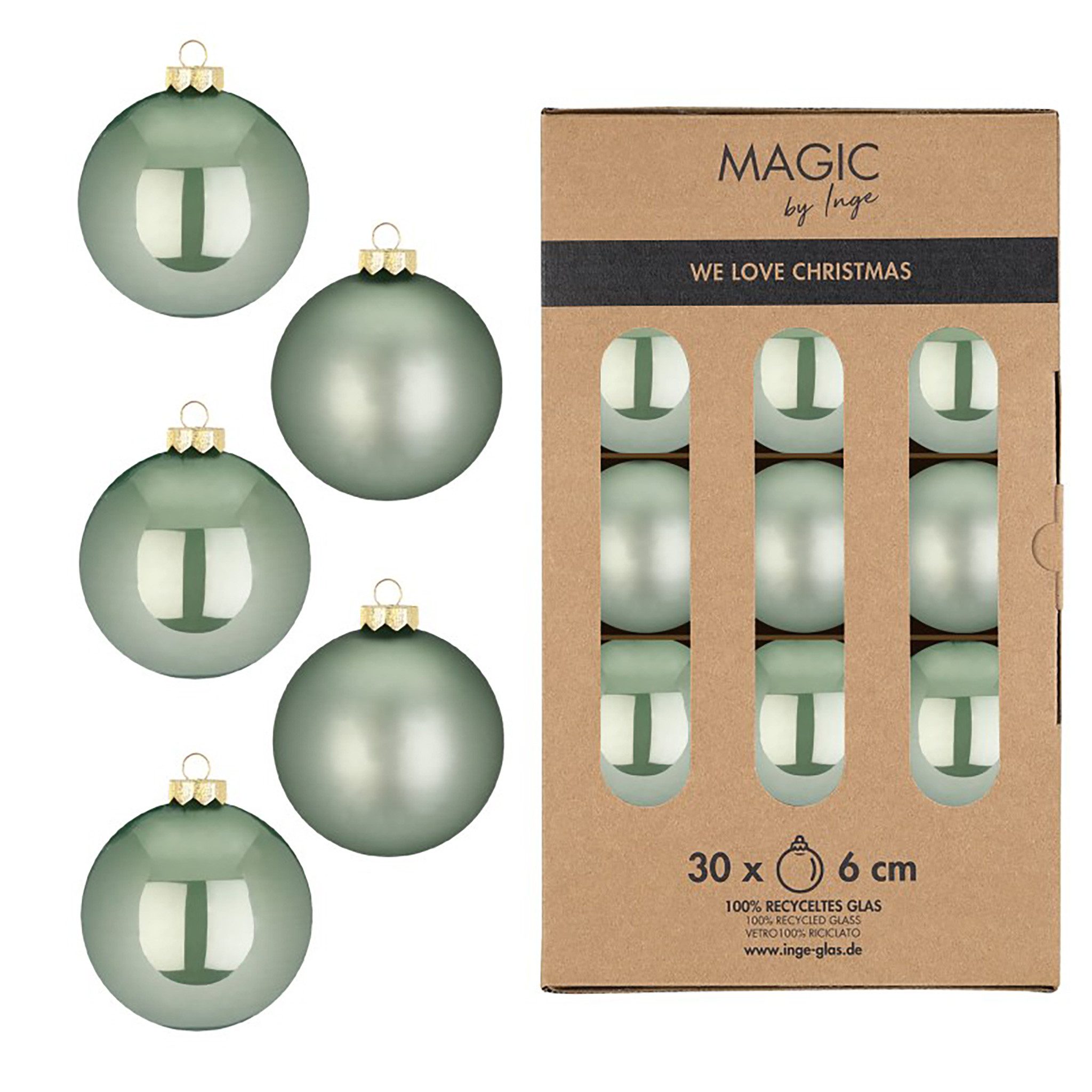 Holly & Jolly Weihnachtsbaumkugel, Weihnachtskugeln Glas 6cm 30 Stück - Mild Sage