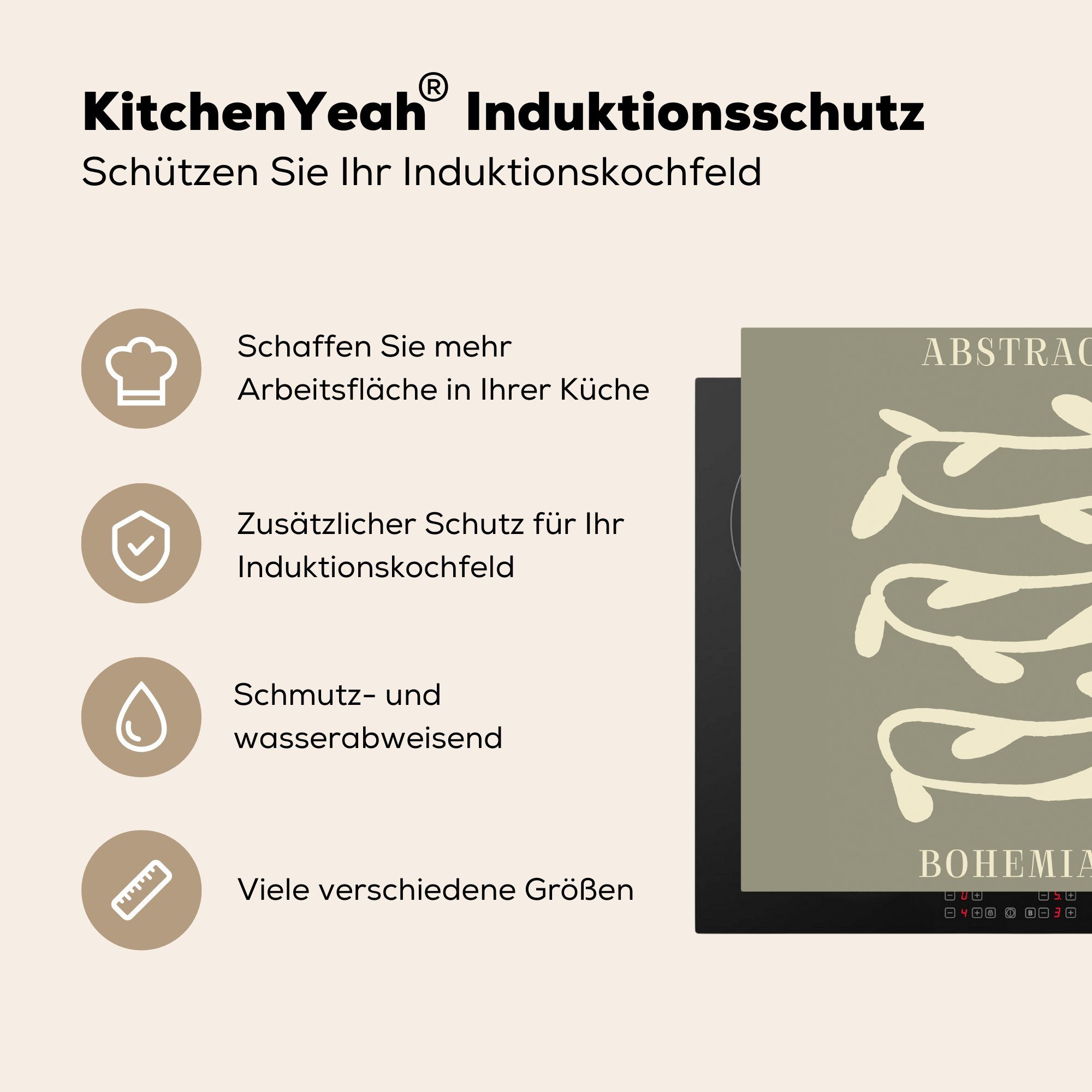 cm, Arbeitsplatte Herdblende-/Abdeckplatte Abstrakt, tlg), Pflanzen Bohème Vinyl, - (1 78x78 Ceranfeldabdeckung, für Grün küche - MuchoWow -