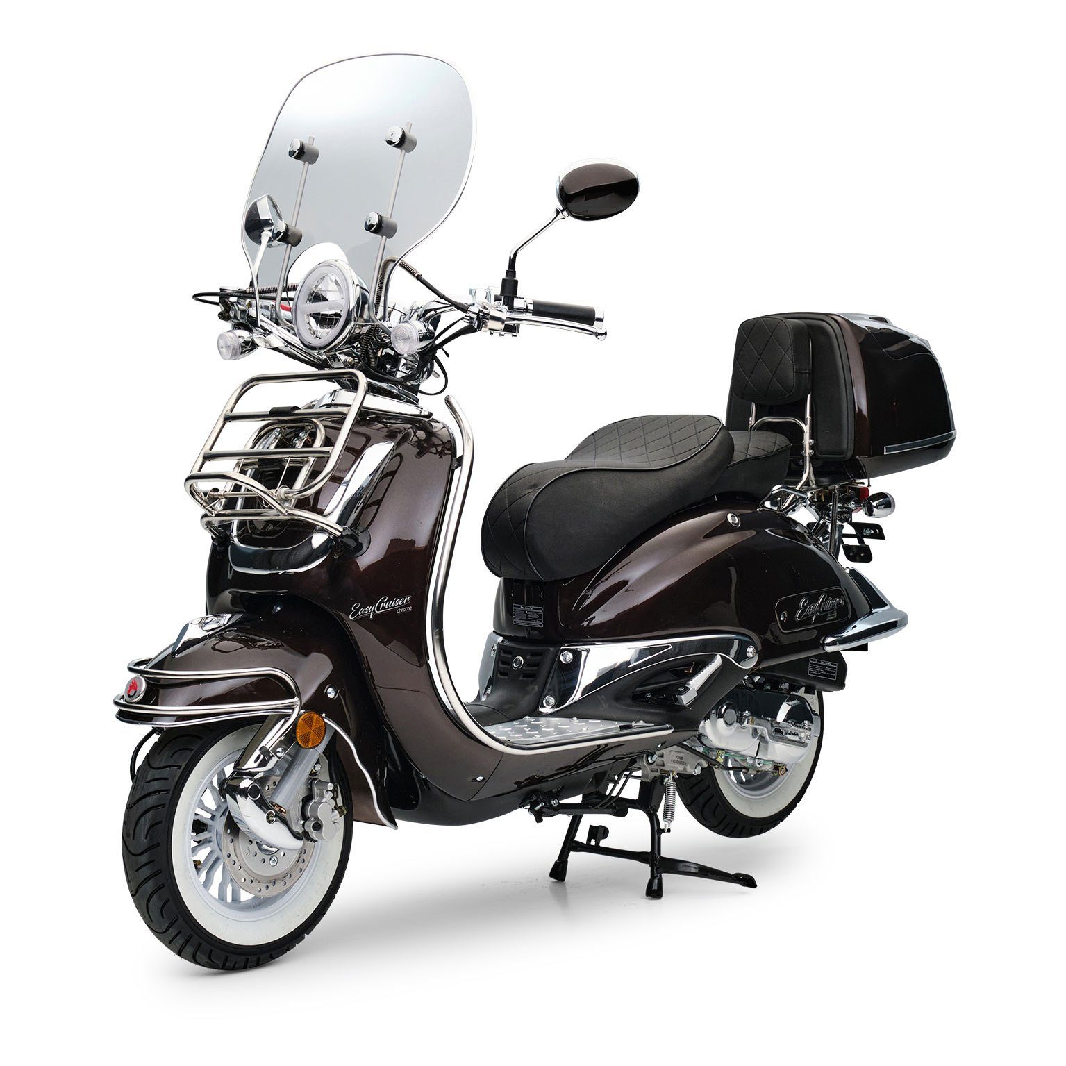 Burnout Motorroller EasyCruiser Chrom Braun Metallic, 50 ccm, 45 km/h, Euro 5, LED Beleuchtung, Digitales Tacho, Retro, mit Windschild & Topcase, USB