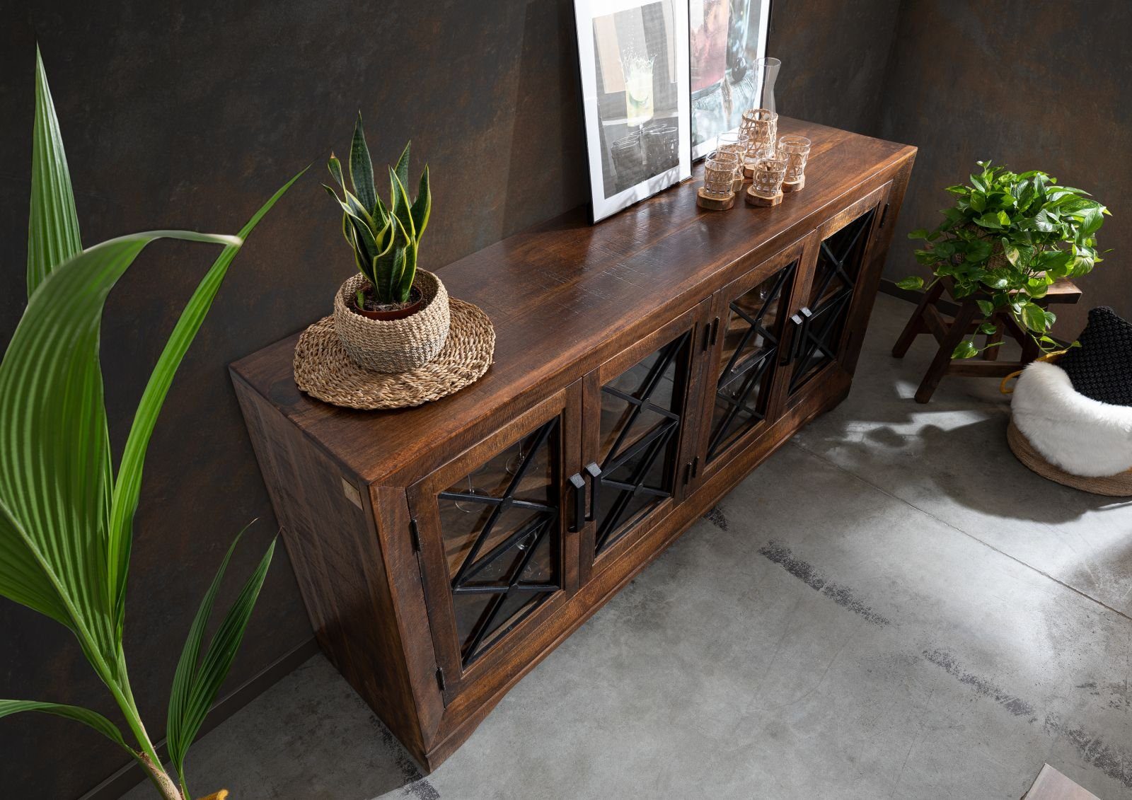 Massivmoebel24 Sideboard STILMÖBEL (Massivholz), Sideboard Mango 193x46x91 braun lackiert STILMÖBEL #117