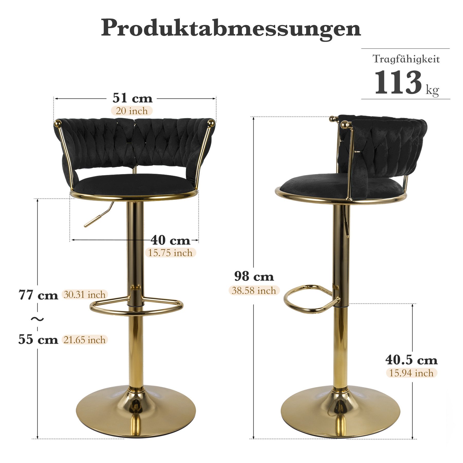 HawthyHome Barhocker Barstuhl mit Rückenlehne und Fußstütze höhenverstellbar drehbar (2 St), mit goldener Metallbasis, Schwarz – Bild 2 von 5