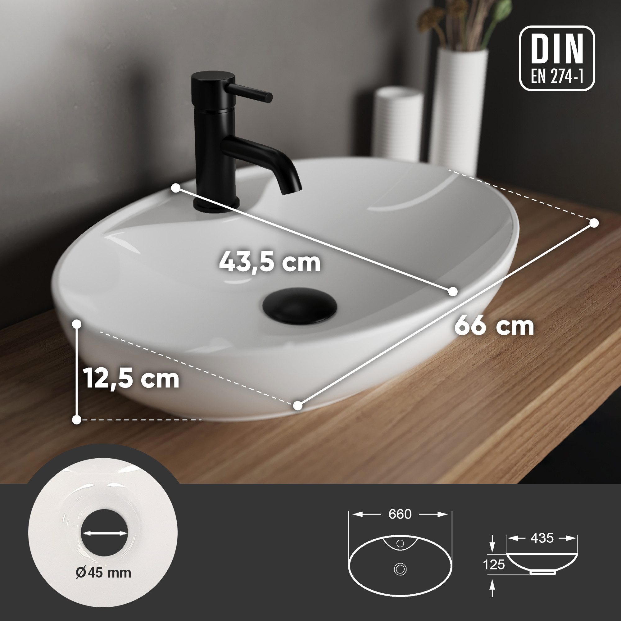 Alpenberger Aufsatzwaschbecken Bad Waschbecken Gäste WC Handwaschbecken Waschschüssel für Waschplätze (Waschbecken 66 cm Breit, Waschschale mit Nano Beschichtun – Bild 5 von 5