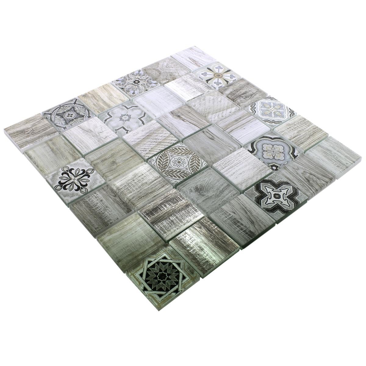 Mosafil Mosaikfliesen Glasmosaik Fliesen Holzoptik Makarska, Glas 30.000x30.000, beige, Verlegefertig auf ein Netz geklebt