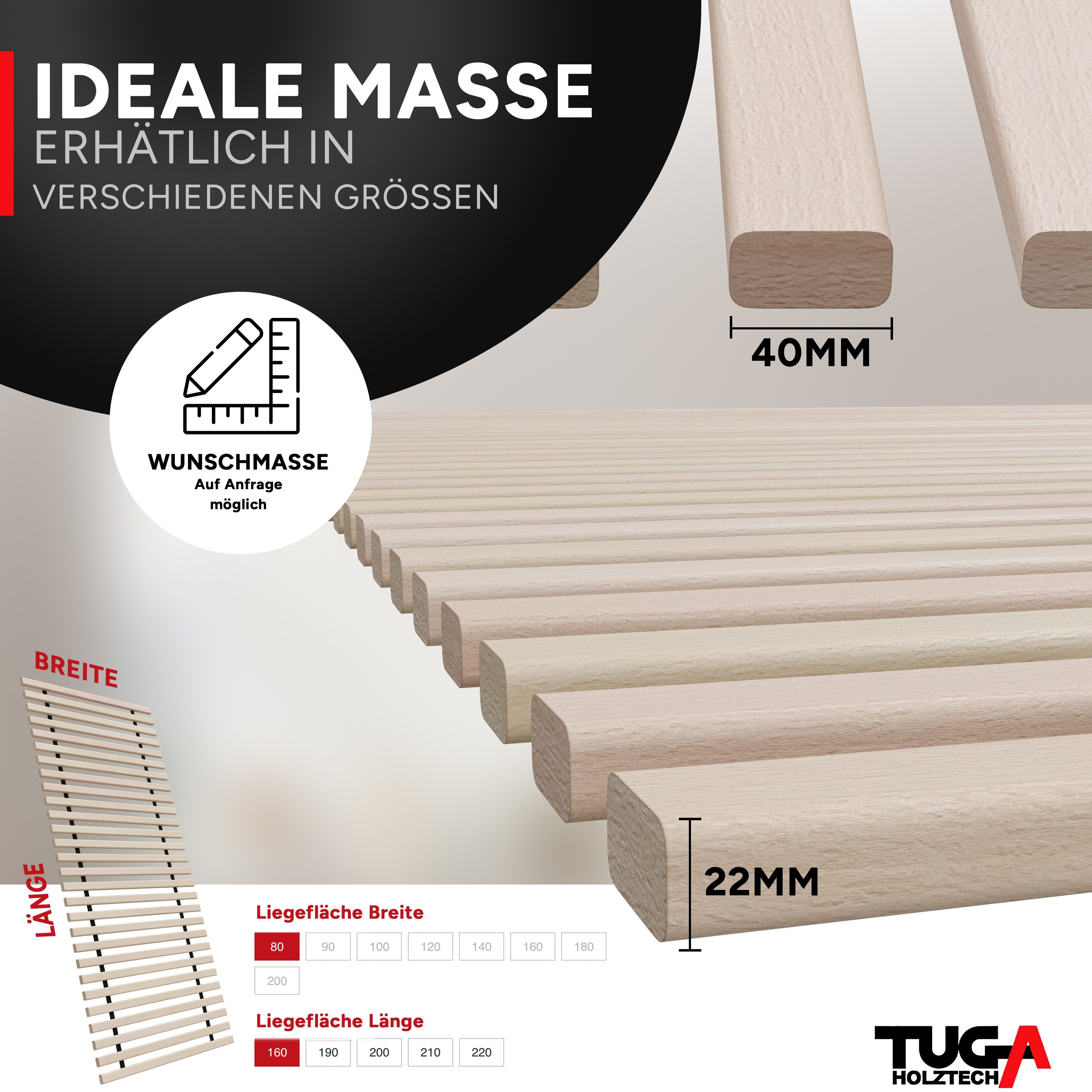 Rollrost Lattenrost Rolllattenrost "Buche" 80 x 160 cm 22mm bis 650kg Bettrost, TUGA-Holztech, 80cm 90cm 100cm 120cm 140cm 160cm 180cm 200cm Lg190 200 210 220cm