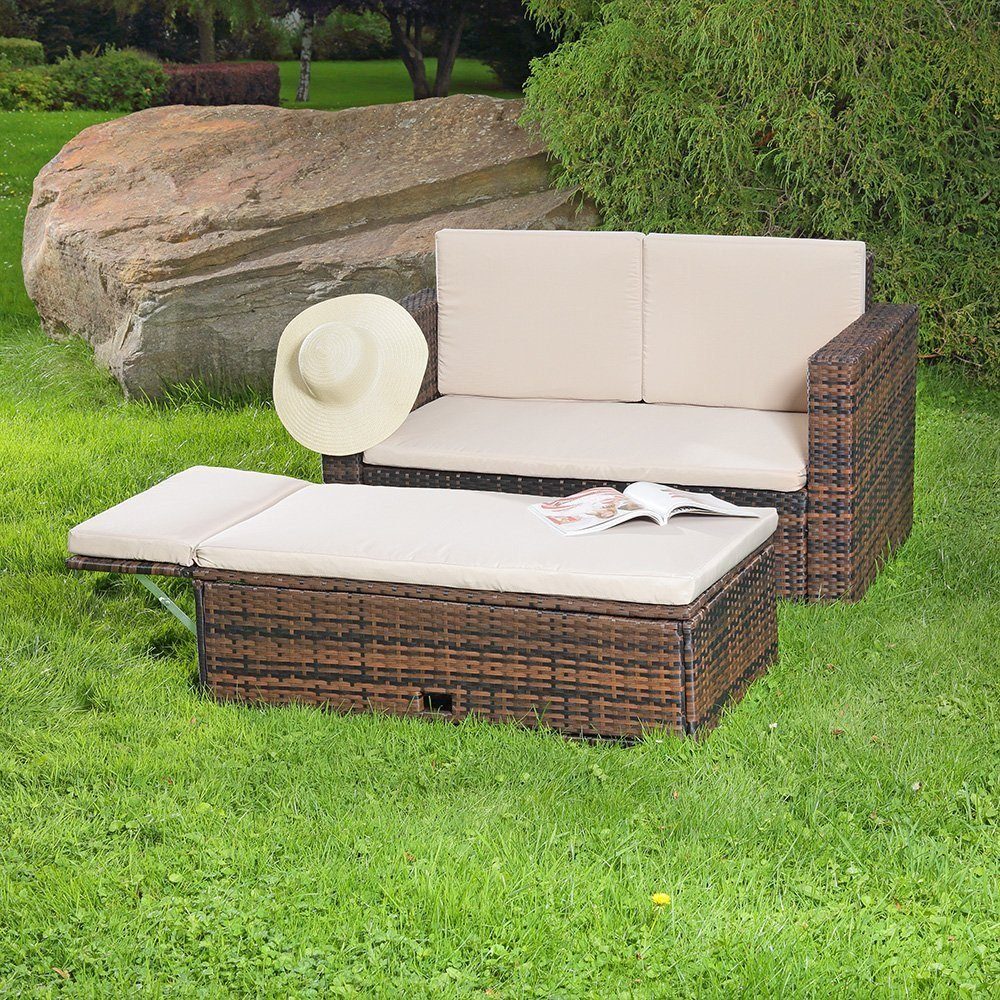 Melko Gartenlounge-Set Gartensofa Lounge Sessel Gartenmöbel aus Polyrattan und klappbare Fußbank in Schwarz, Grau und Braun Gartensofa Sitzgarnitur Hocker XXL Balkon Sitzbank Liege, (Set, 2-tlg), Kissen inkl. Reißverschluss, daher abnehm- und waschbar