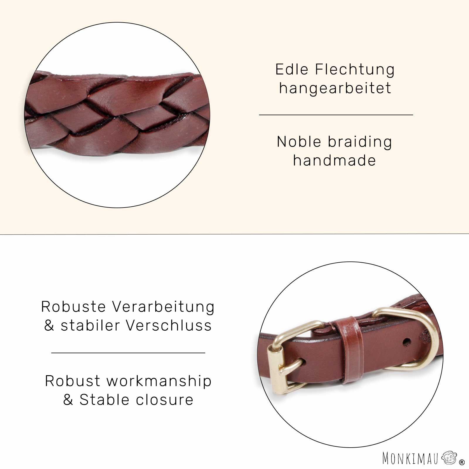 Monkimau Hunde-Halsband Hundehalsband Leder Halsband Hund braun breit geflochten S-XS, Leder