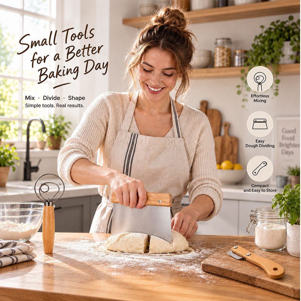 PFCTART Teigspachtel Dänisches Teigknetset, Teigkarte & Teigmesser, 3-teilig, 33 cm, Dänischer Schneebesen, Brot backen Zubehör, Sauerteig, Brotbackset – Bild 2 von 5