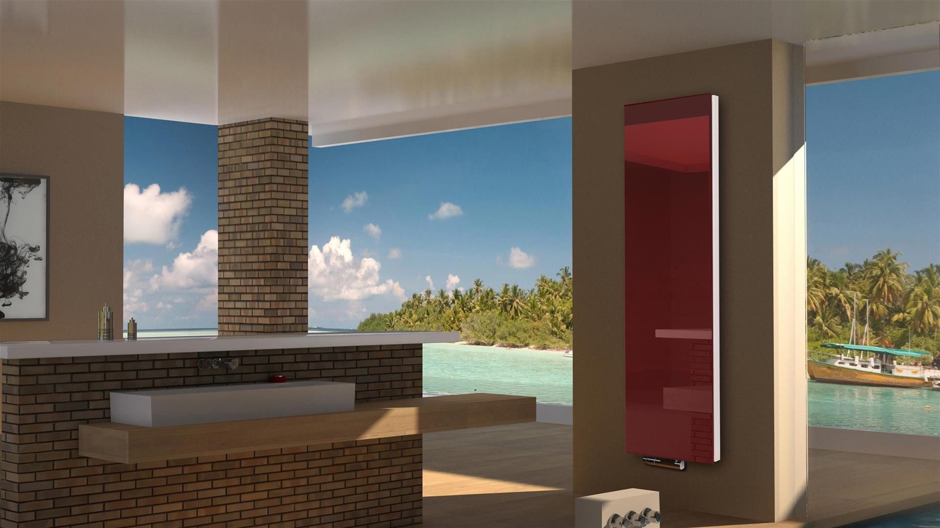 Szagato Badheizkörper BADHEIZKÖRPER mit Glas Montevideo 6 Glasfront 180x47cm 1964 Watt rot, 5 Jahre Garantie, Made in Germany