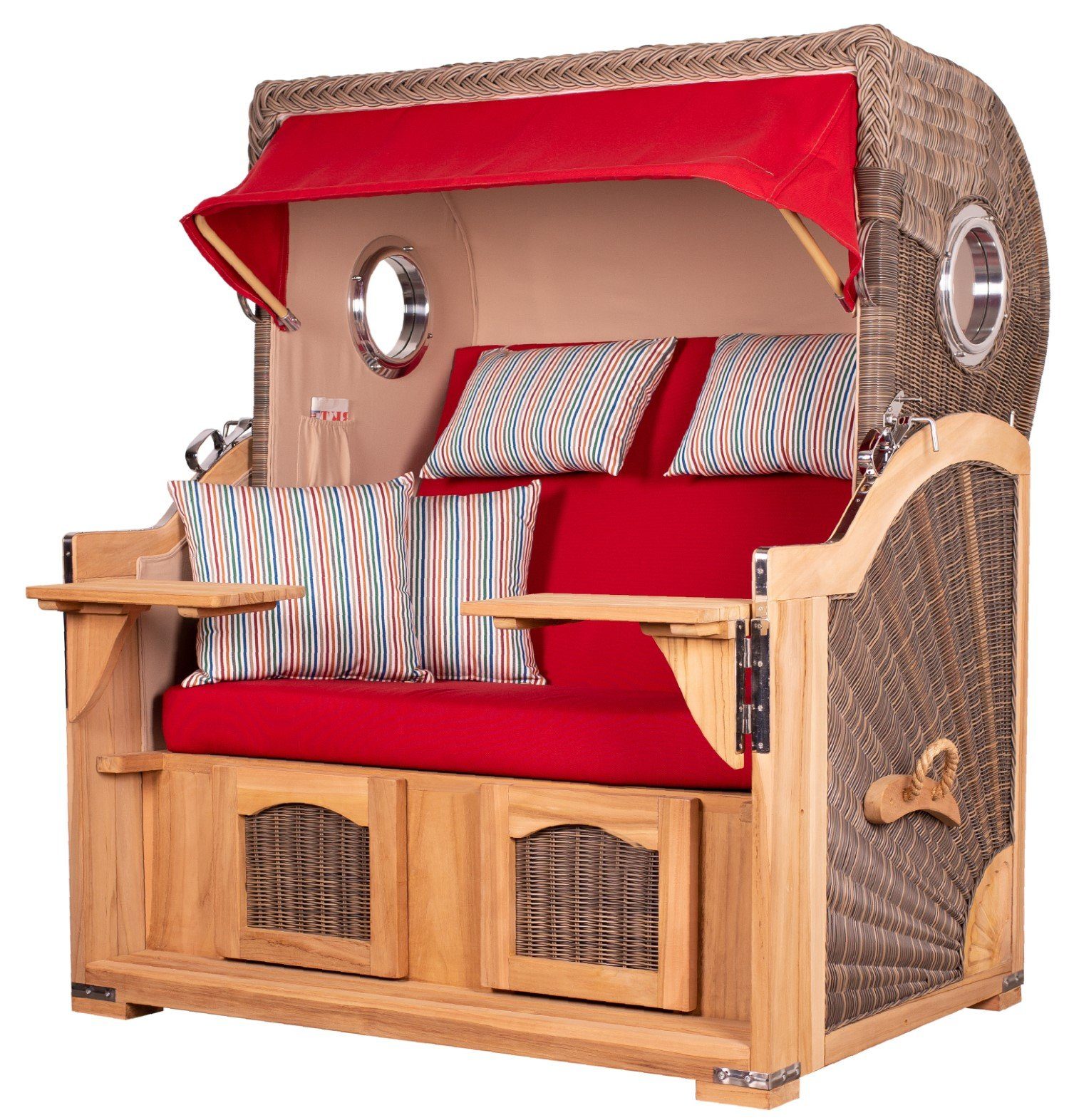 bene living Strandkorb Ammersee Grande XL Teak - PE grau - Modell 585, BxTxH: 142x95x165 cm, Volllieger ca. 175 Grad, Ostsee-Strandkorb Komplettset, inkl. Liftersystem und Bullaugen