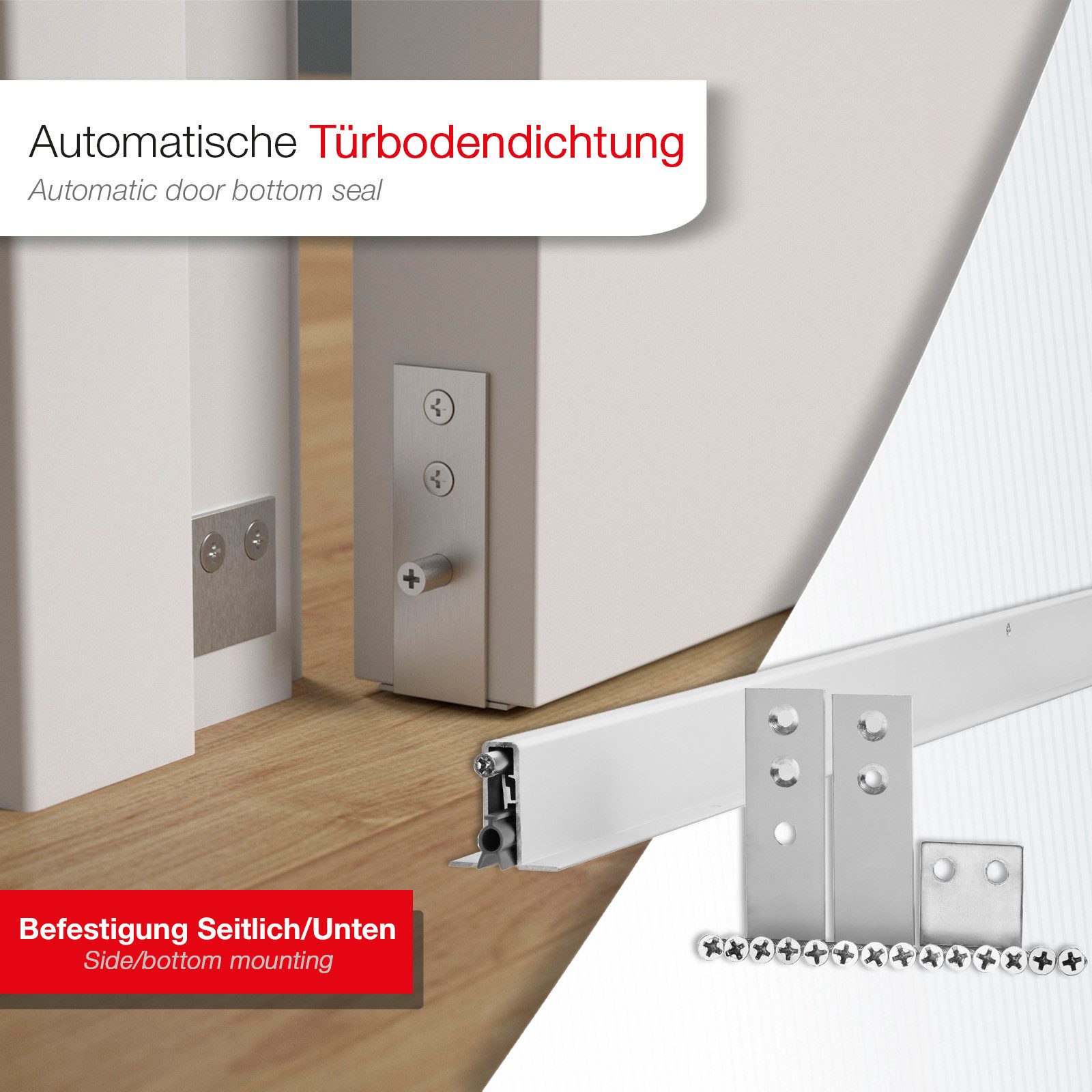 SO-TECH® Türbodendichtung Türdichtung automatisch, Länge um 15cm kürzbar, Alu eloxiert, L: 9.85 cm, (1-St), zum Einfräsen Befestigung seitlich und von unten – Bild 2 von 5